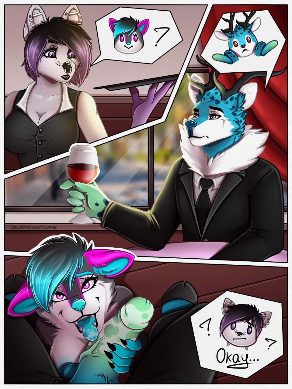 anthro blow_jobs breasts cafe canid canine canis cervid container cup drinking_glass female fur genitals glass glass_container glass_cup group herm hi_res intersex kiba_(kibanashote) licking male male/female mammal oral penile penis penis_lick public public_nudity public_sex restaurant secretly_loves_it sex sucking tongue tongue_out trio under_covers_sex under_the_table vivian_skye volodyanocturne wet wet_body wet_fur wine_glass wolf yozora_(character)