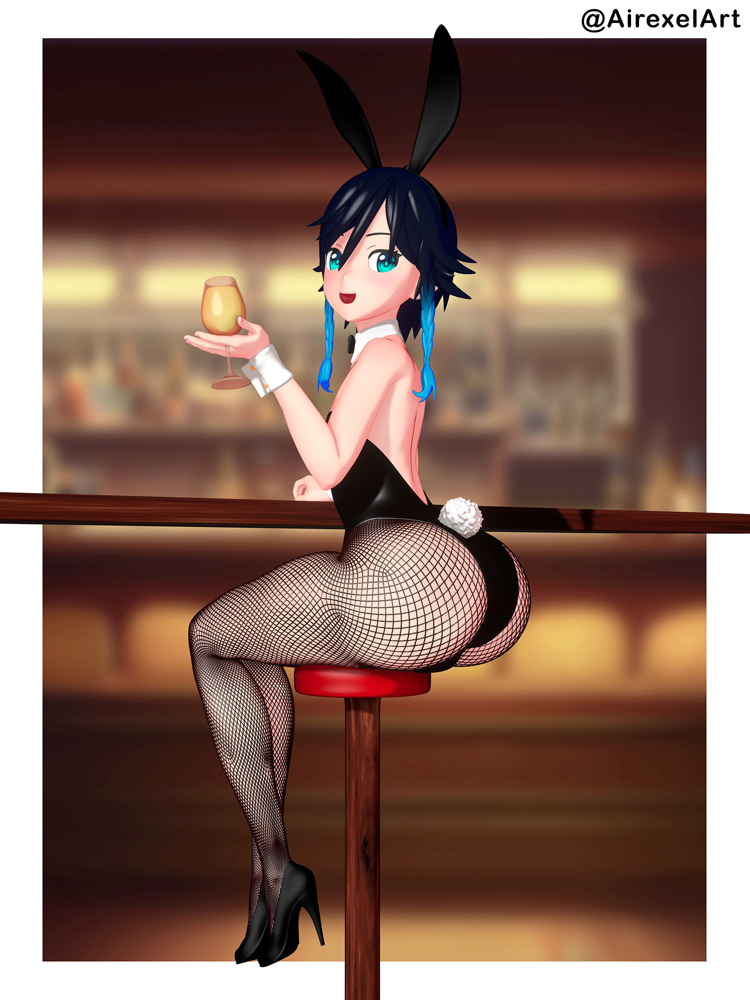 1boy, 3d, airexelart, ass, ass focus, bar stool, big ass, blue eyes, bunny ears, bunny tail, bunnysuit, crossdressing, femboy, fishnet legwear, fishnet stockings, fishnets, genshin impact, girly, high heels, looking at viewer, looking back, male, male only, solo, solo male, thick thighs, trap, venti (genshin impact), wide hips