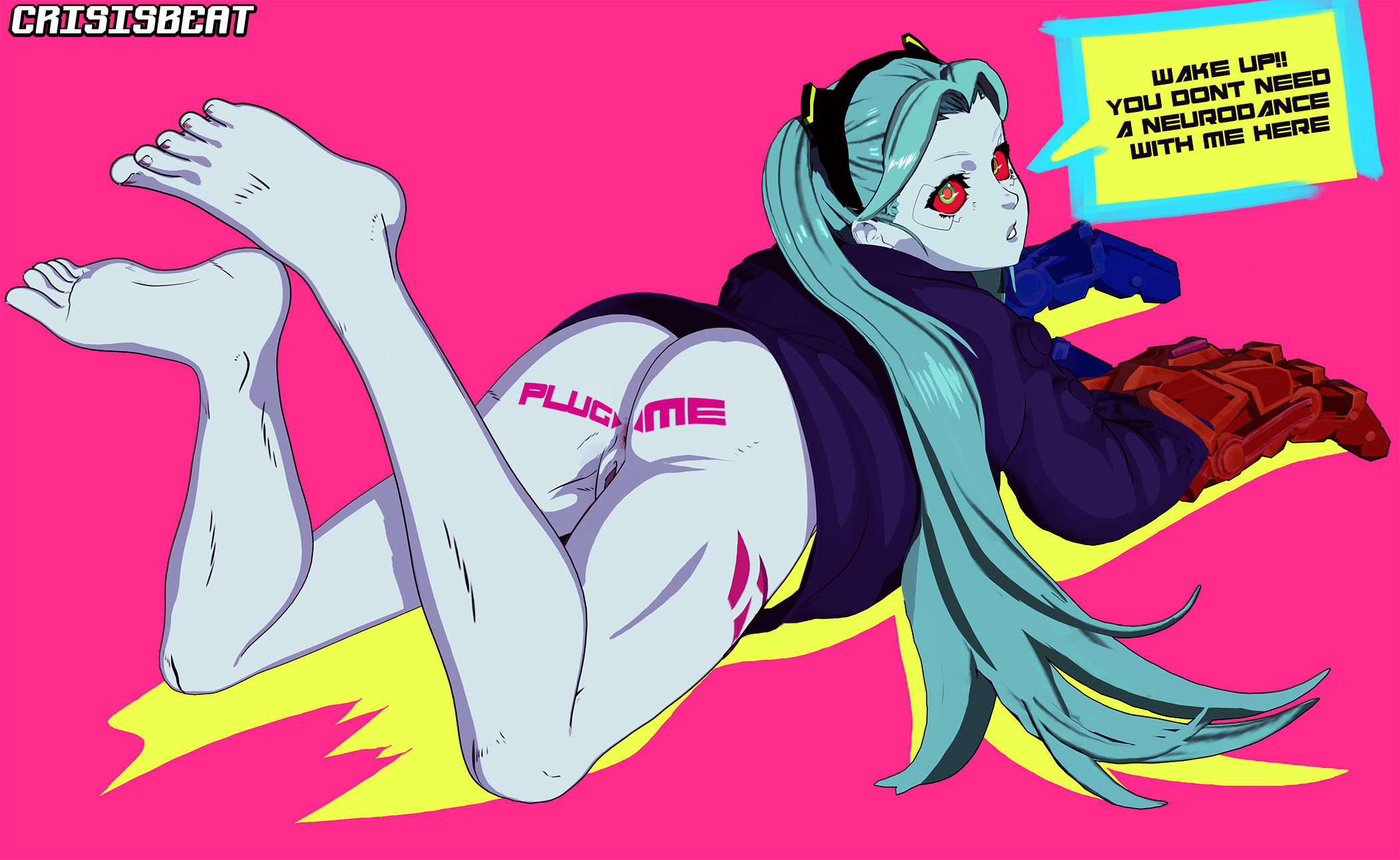 1girls, barefoot, body markings, clothing, crisisbeat, cyberpunk 2077, cyberpunk: edgerunners, dialogue, feet, female, female only, green hair, human, jacket, light skin, light-skinned female, outerwear, pale skin, pale-skinned female, rebecca (edgerunners), speech bubble, text, twintails