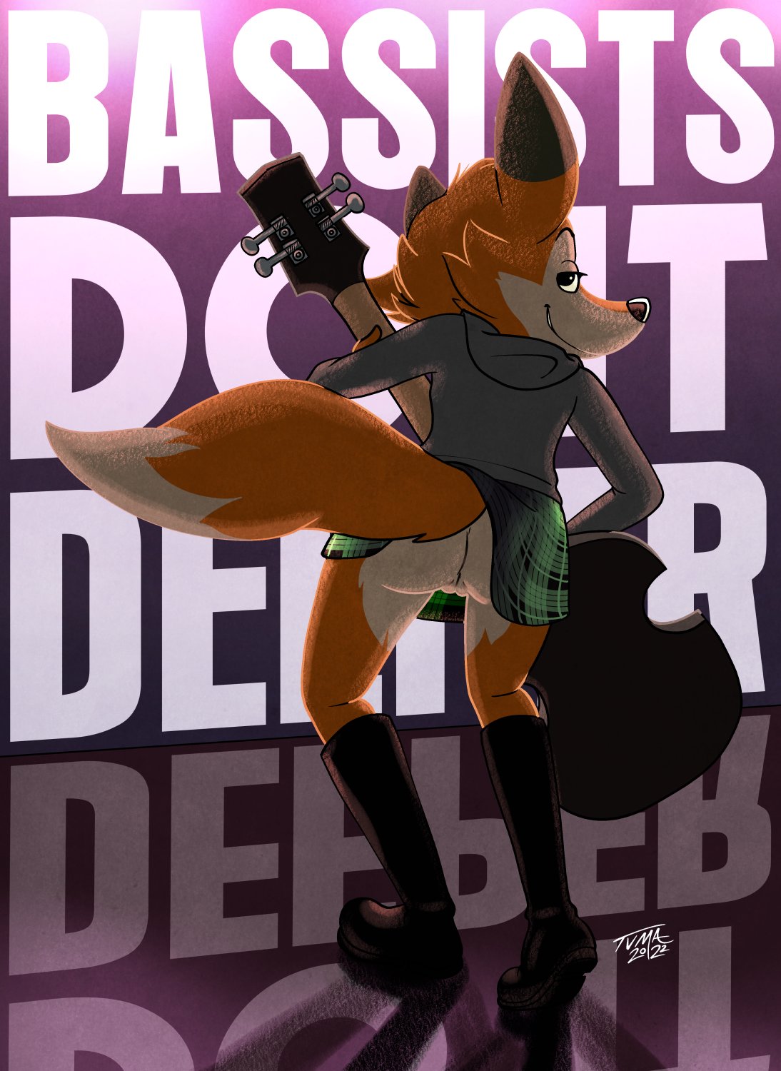 2022 anthro ass bedroom_eyes bottomwear canid canine clothed clothing darma_(rock_dog) english_text female fox full-length_portrait genitals guitar hi_res holding_guitar holding_musical_instrument holding_object hoodie looking_back mammal musical_instrument narrowed_eyes no_underwear plaid_skirt plucked_string_instrument portrait pussy raised_bottomwear raised_clothing raised_skirt rear_view rock_dog seductive skirt smile solo standing string_instrument text topwear tvma upskirt