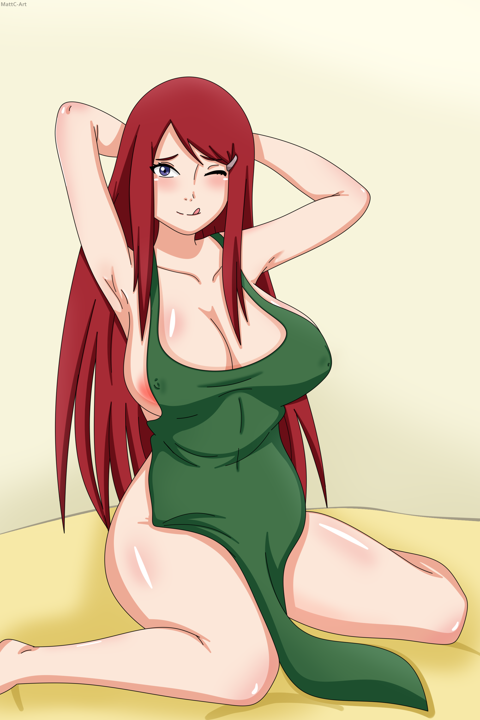 1girls, apron, apron only, areola, areola slip, armpits, arms behind head, arms up, bare legs, bare shoulders, barefoot, blush, erect nipples, erect nipples under clothes, female, female only, knees together feet apart, long hair, looking at viewer, mattc-art, mature, mature female, milf, naked apron, naruto, naruto (series), naruto shippuden, nipples, on knees, one eye closed, red hair, sitting, smile, solo, solo focus, tongue, tongue out, uzumaki kushina, very long hair, voluptuous