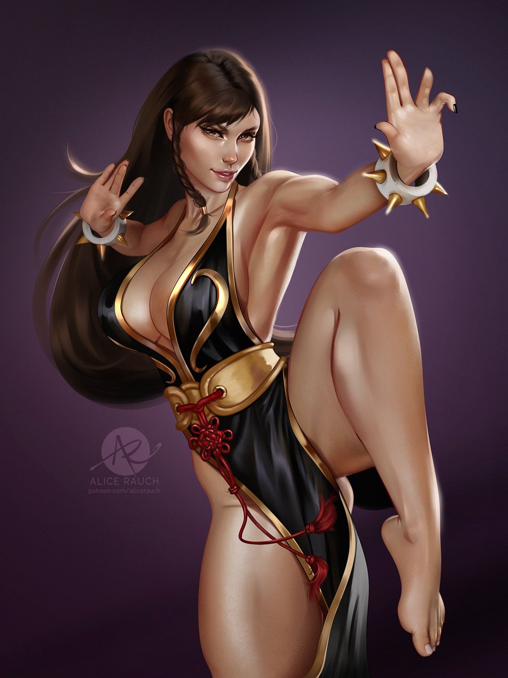 1girls, alice rauch, alternate costume, alternate hairstyle, alternate version available, big breasts, black dress, breasts, brown eyes, brown hair, capcom, chinese clothes, chun-li, chun-li (battle ouffit sfv), cleavage, dress, eyeliner, eyeshadow, female, female only, fully clothed, hips, lipstick, long hair, looking at viewer, makeup, muscular, muscular female, shoes, solo, street fighter, street fighter v, thick thighs, wide hips