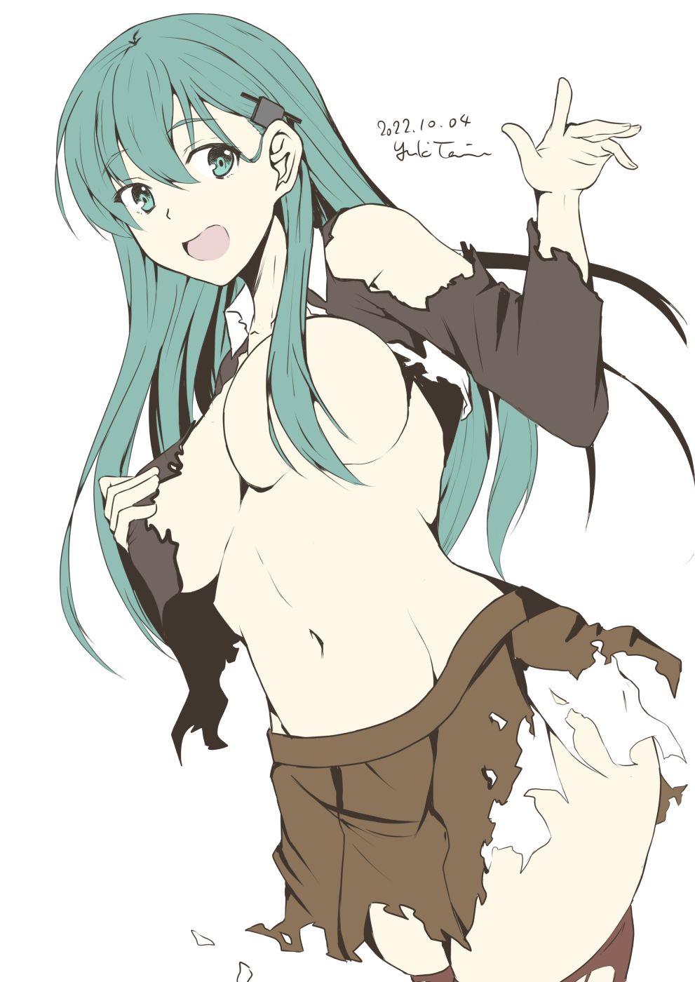 artist_name covering covering_one_breast cropped_legs damaged dated female green_eyes green_hair hair_over_breasts hair_over_one_breast highres kantai_collection long_hair midriff navel open_mouth simple_background smile solo suzuya_(kantai_collection) taira_yuuki torn_clothes torn_legwear white_background