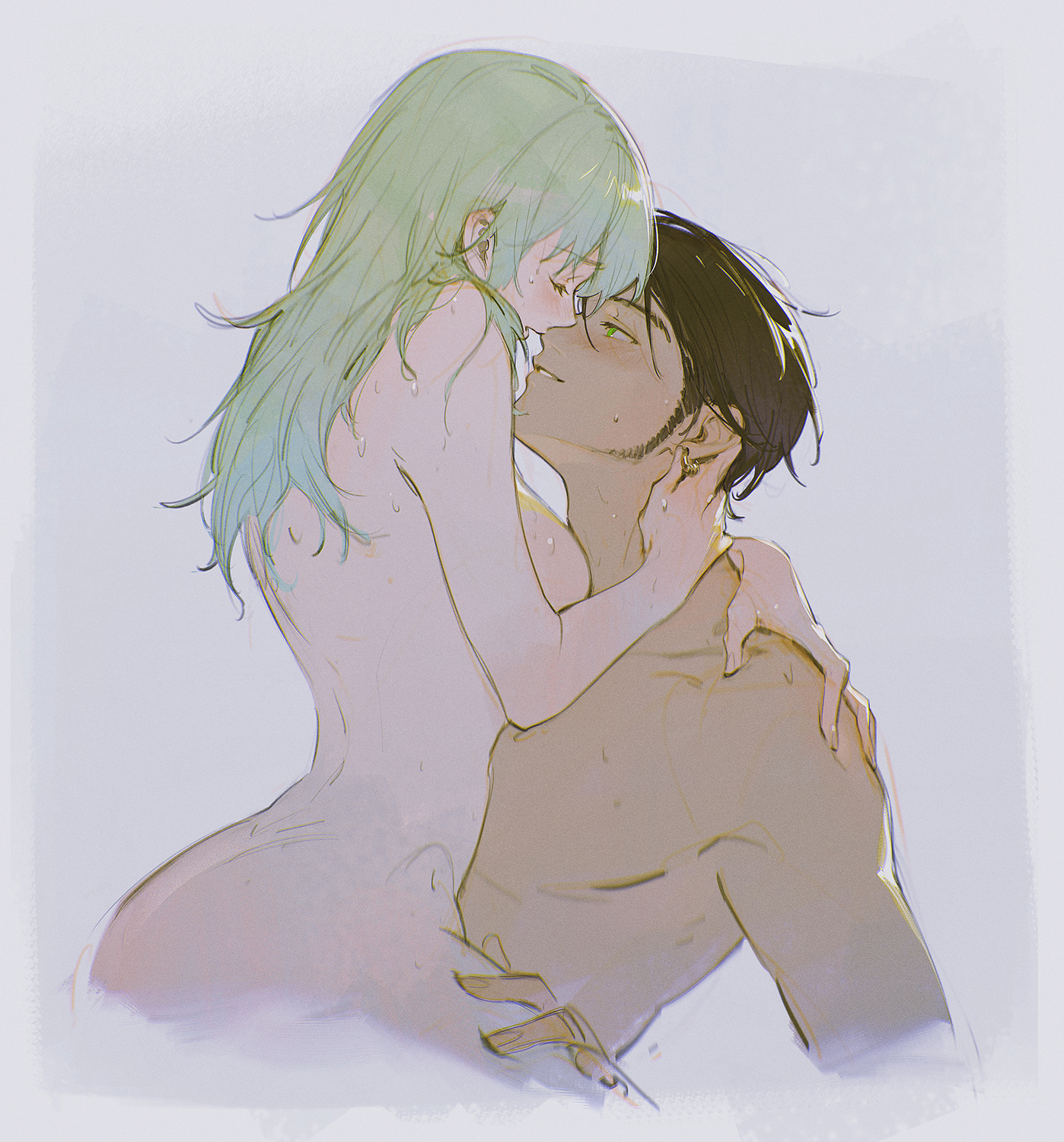 1boy, 1girls, alzi xiaomi, breasts, byleth (fire emblem), byleth (fire emblem) (female), claude von riegan, closed eyes, couple, dark hair, female, female on top, fire emblem, fire emblem: three houses, green eyes, green hair, hi res, hug, male, naked, nintendo, nude, passionate, sex, sideboob, straight, sweat, sweaty