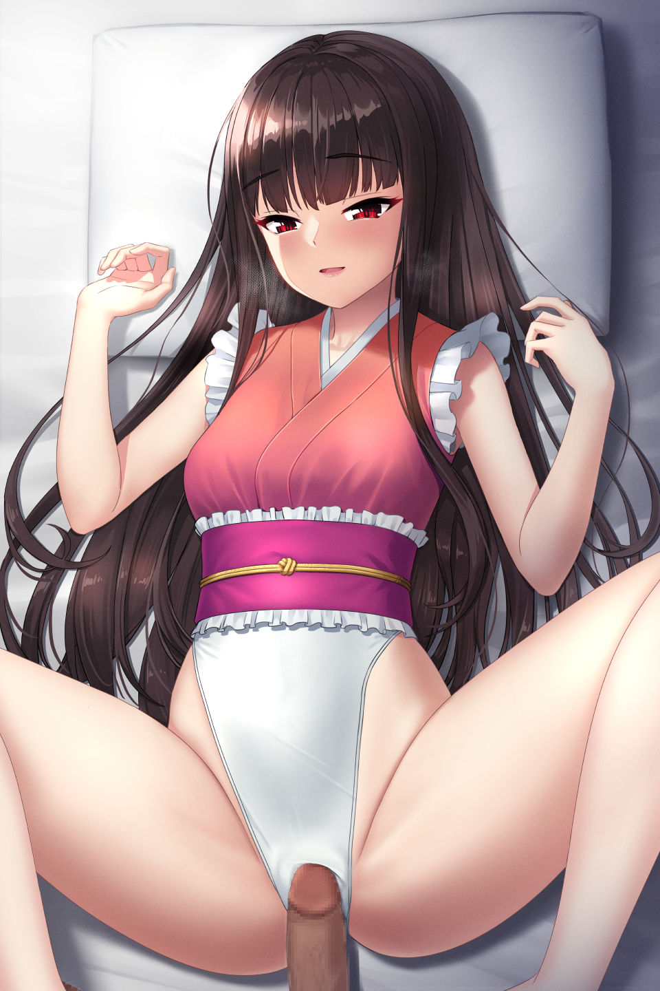 1boy :d alternate_costume azure-maya bangs bare_shoulders barefoot bed belt black_hair blush breasts female frills heart highres kaguya_houraisan long_hair looking_at_viewer lying medium_breasts missionary on_back open_mouth penis pillow pink_belt pink_one-piece_swimsuit pov red_eyes smile speech_bubble spread_legs swimsuit textless_version touhou touhou_tag_dream white_one-piece_swimsuit