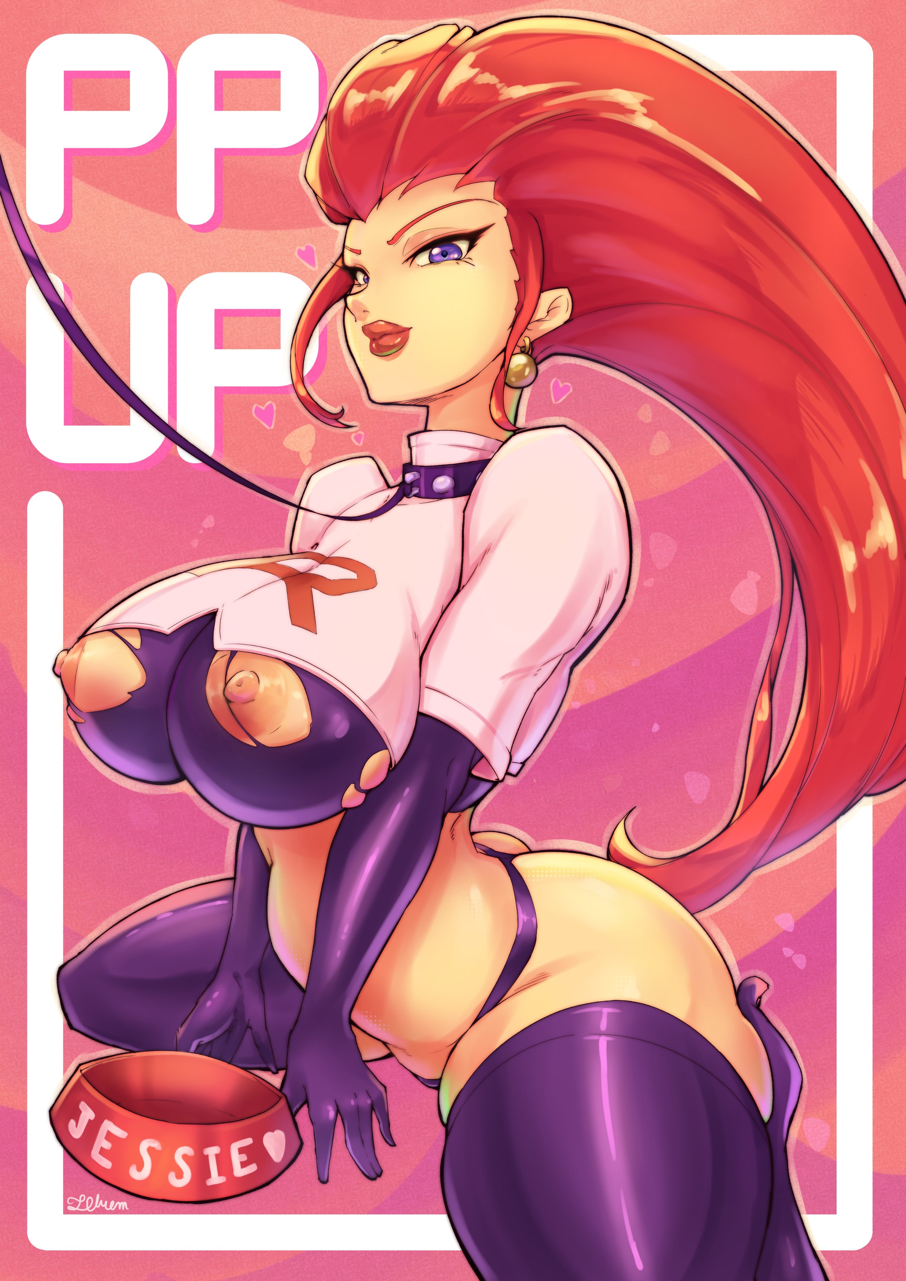 1girls, areolae, ass, big breasts, blue eyes, breasts, collar, earrings, eye contact, female, female only, game freak, huge breasts, jessie (pokemon), large breasts, legwear, light skin, light-skinned female, long hair, looking at viewer, nintendo, nipples, pokemon, pokemon (anime), pokemon (game), red hair, ripped clothing, solo, team rocket, telrem, thick thighs, thighhighs, thighs, thong, very long hair