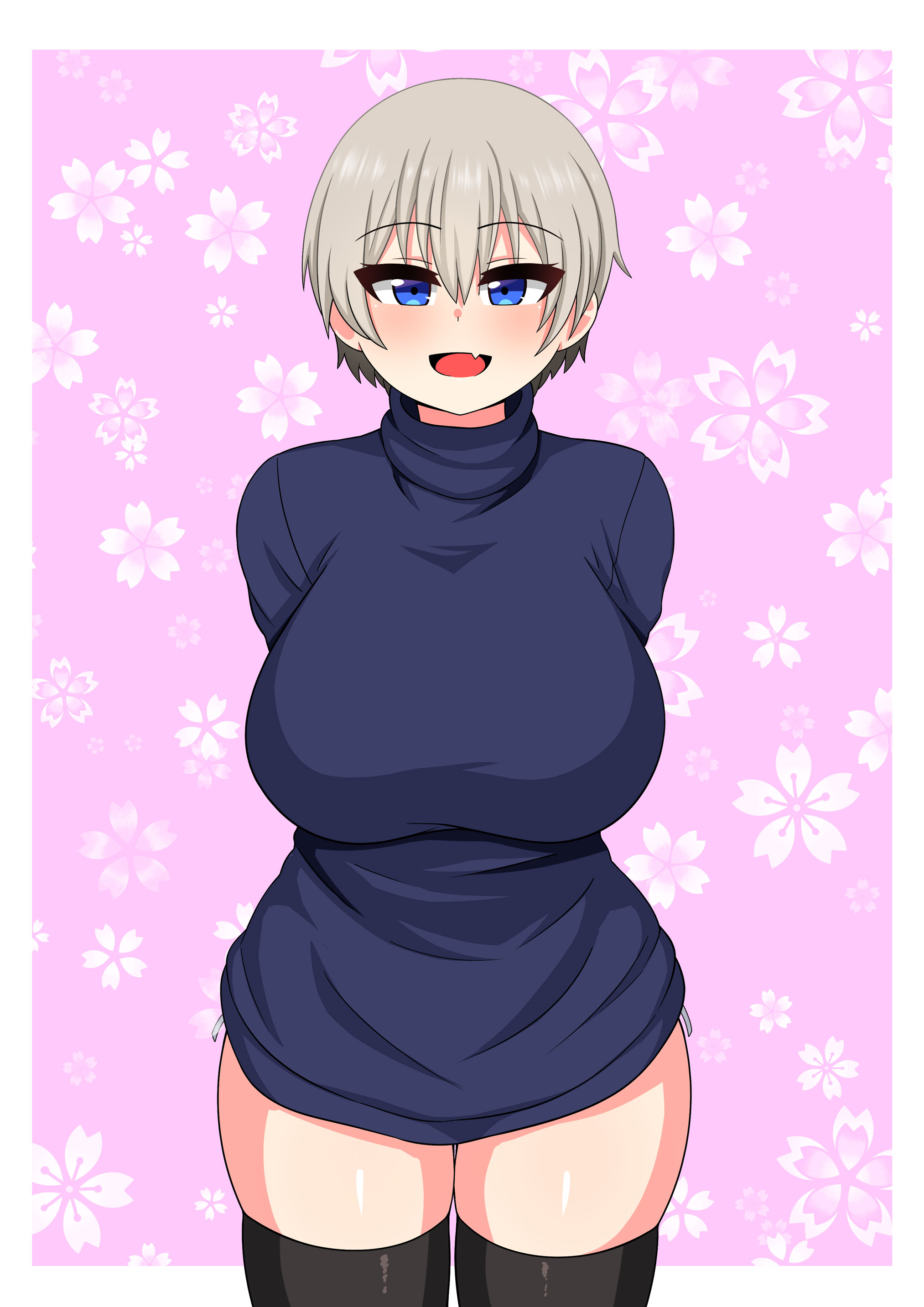 1girls, black legwear, blue eyes, blush, breasts, fangs, female, grey hair, highres, huge breasts, legwear, looking at viewer, open mouth, short hair, the only shoe, thick thighs, thighhighs, thighs, uzaki hana, uzaki-chan wa asobitai!