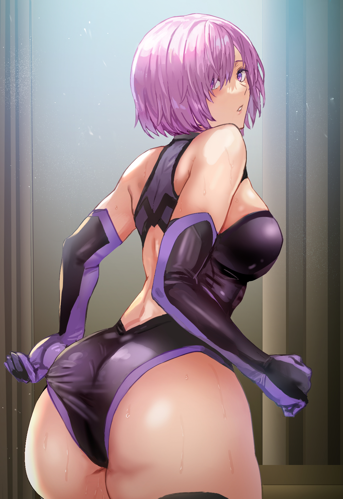 1girls, ass, ass focus, big ass, big breasts, breasts, daraz18aka, eye contact, fate (series), fate/grand order, female, female only, gloves, leotard, light skin, light-skinned female, looking at viewer, looking back, mash kyrielight, pink hair, purple eyes, short hair, sideboob, solo, standing, thick thighs, thighs