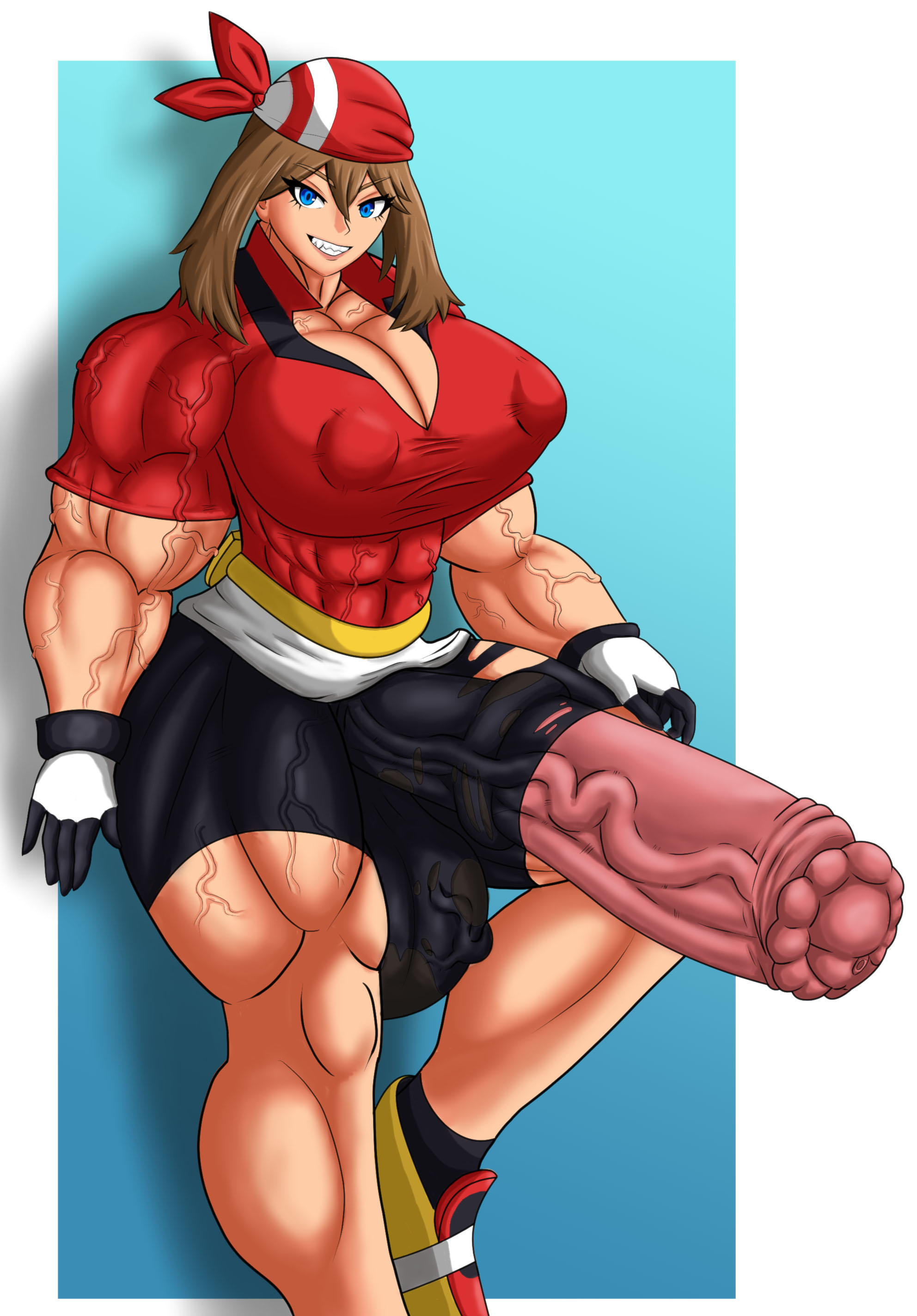 1futa, 2022, abs, animal genitalia, balls, bandana, blank background, blue eyes, breasts, brown hair, cleavage, clothed, clothes ripping, clothing, covered nipples, creatures (company), creatures inc., erection, extreme muscles, futa only, futanari, game freak, gigantic penis, gloves, hazel iic, horsecock, huge balls, huge breasts, human, human with animal genitalia, human with horsecock, hung futa, intersex, light skin, light-skinned futa, may (pokemon), mostly clothed, muscles, muscular, muscular futa, nintendo, nipple bulge, penis, pokemon, pokemon rse, sharp teeth, shorts, smirk, solo, solo futa, standing, veins, veiny penis, wardrobe malfunction