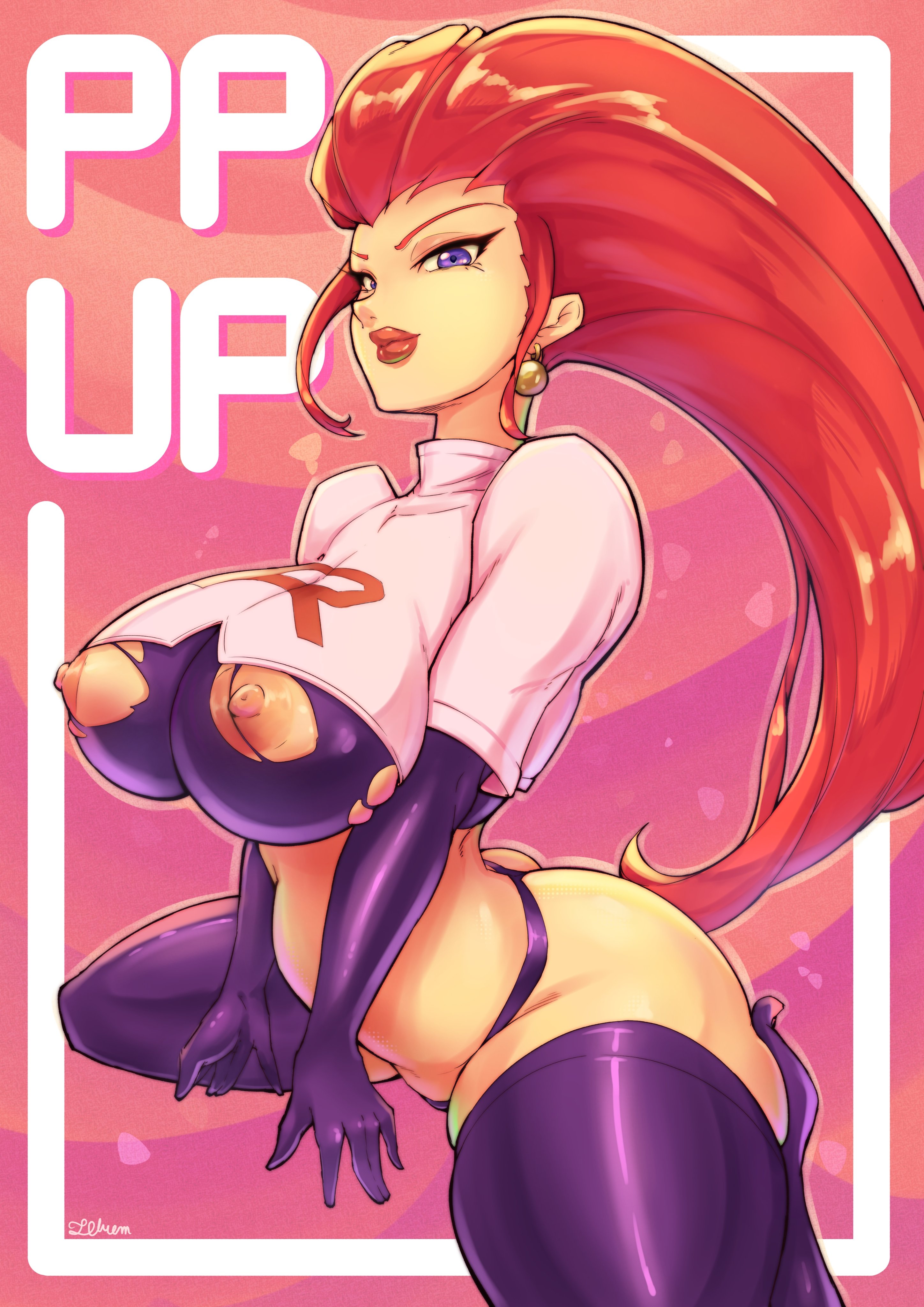 1girls, areolae, ass, big breasts, blue eyes, breasts, earrings, eye contact, female, female only, game freak, huge breasts, jessie (pokemon), large breasts, legwear, light skin, light-skinned female, long hair, looking at viewer, nintendo, nipples, pokemon, pokemon (anime), pokemon (game), red hair, ripped clothing, solo, team rocket, telrem, thick thighs, thighhighs, thighs, thong, very long hair