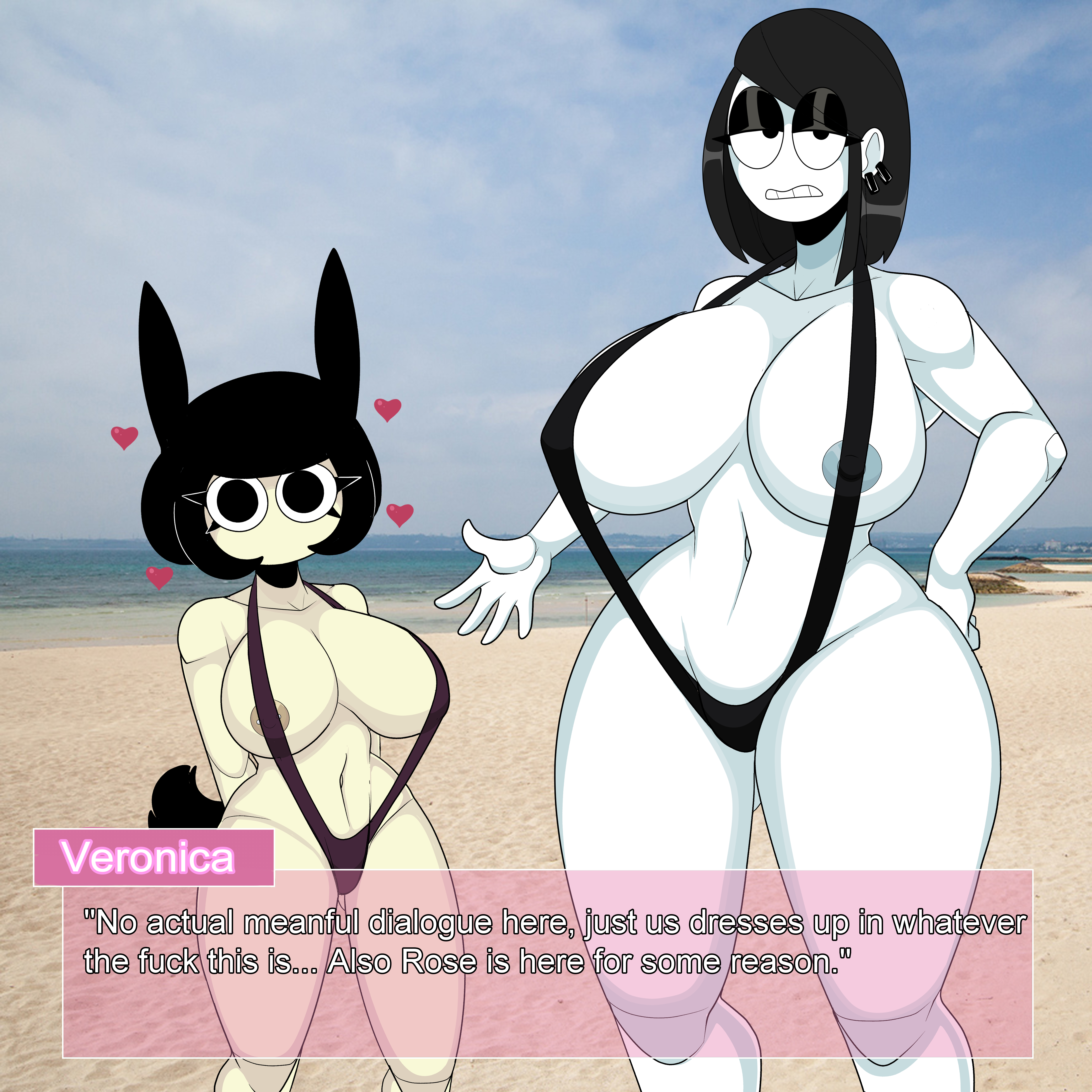 2girls, beach, big breasts, bikini, black hair, breasts, bunny girl, busty, clothing, dialogue, english text, female, female only, goth, heart, huge breasts, large breasts, looking at viewer, no mouth, rabbit, rabbit girl, revealing clothes, rose (saltynoodles), saltynoodles, sling bikini, swimsuit, talking to viewer, text, text box, thick thighs, veronica (saltynoodles), white skin, wide hips
