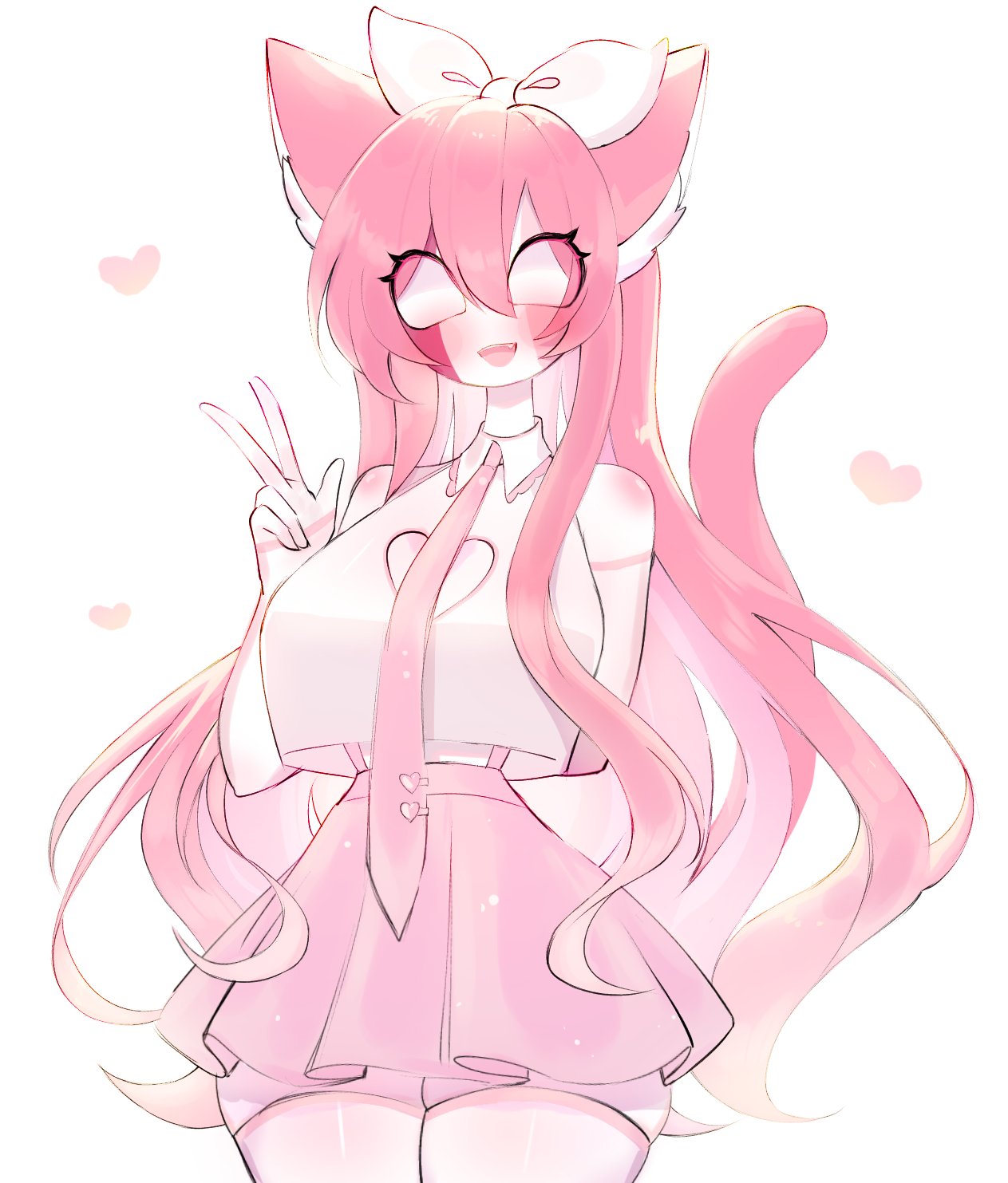 1girls, big breasts, blush, bow, breasts, cat ears, cat tail, cosplay, cute, cute fang, female, friday night funkin, friday night funkin mod, large breasts, long hair, pink body, pink ears, pink fur, pink hair, pink skirt, sarvente (dokki.doodlez), simple background, smile, solo, thick thighs, thighhighs, usa37107692, white background, wholesome