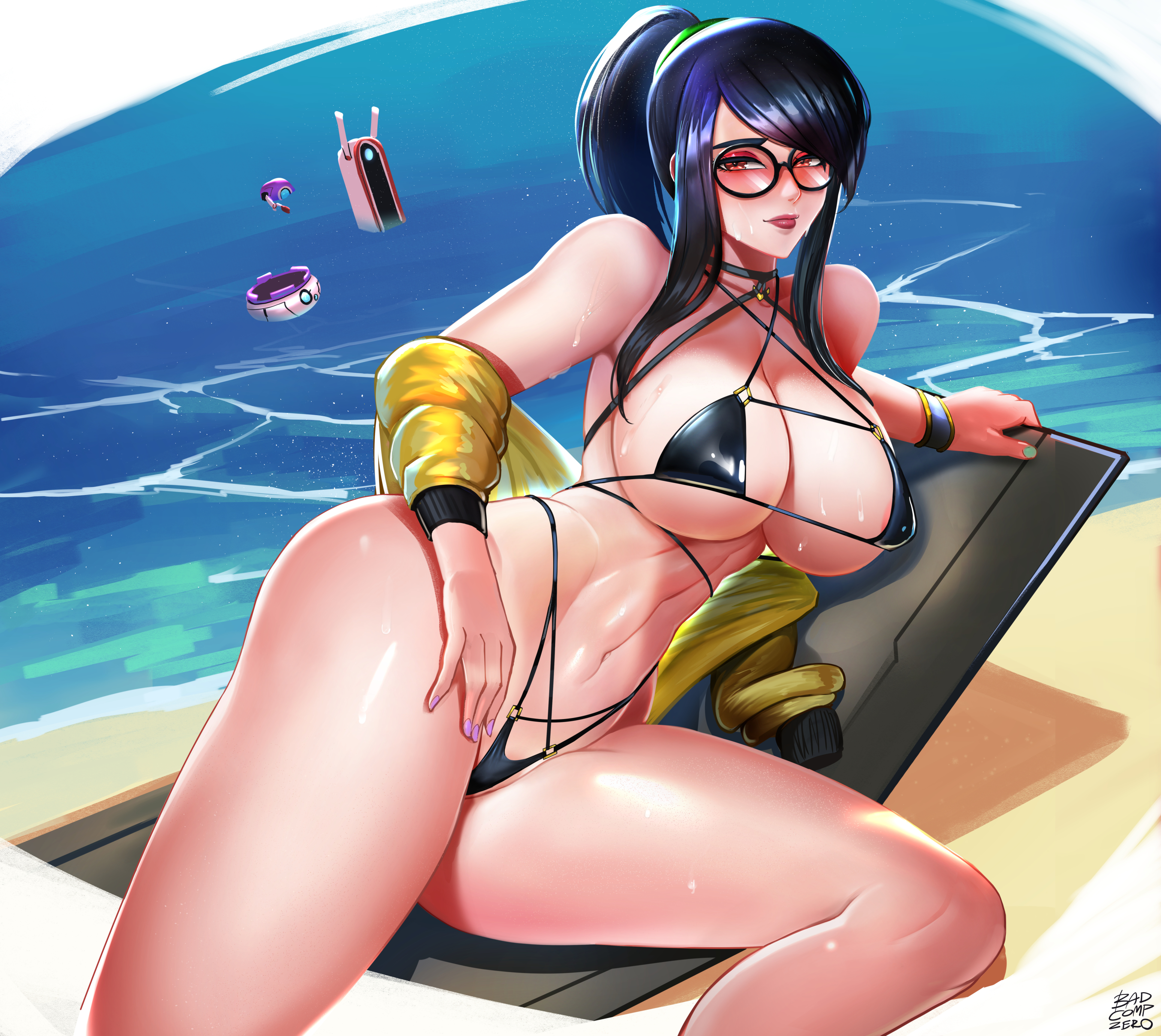 1girls, ass, badcompzero, big ass, big breasts, black eyes, black hair, blush, breasts, brown hair, dark hair, female, glasses, killjoy (valorant), light skin, light-skinned female, long hair, looking at viewer, ponytail, riot games, solo, string bikini, sweat, thick thighs, thighs, valorant