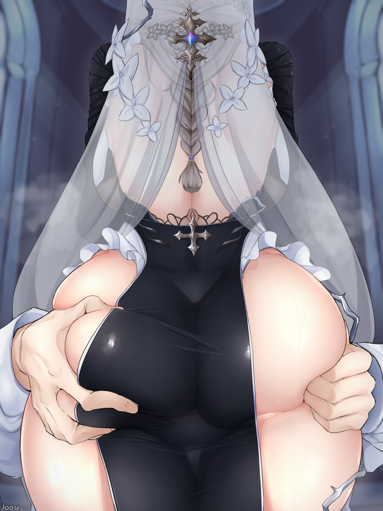 ambiguous_gender aponia ass ass_grab ass_squeeze backboob bare_back braid braided_hair breasts brown_hair female from_behind grabbing hips honkai_(series) honkai_impact_3rd huge_ass huge_breasts joosi light-skinned_female light_skin no_panties nun see-through slim_waist steam thick_thighs thighs wide_hips