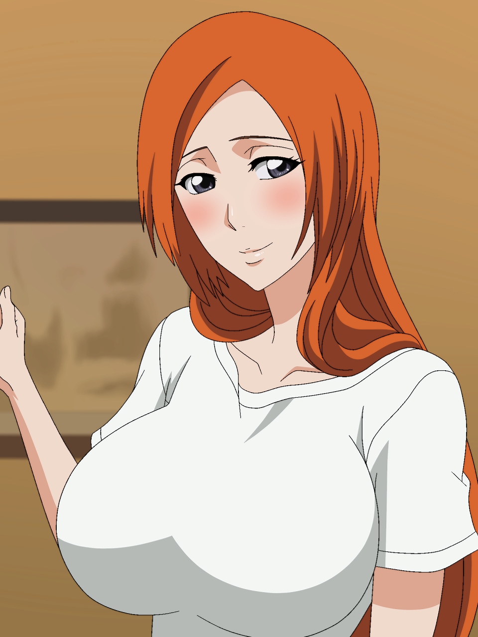 1girls big_breasts bleach blush breasts busty female female_only fully_clothed huge_breasts inoue_orihime kame_(artist) kh-fullhouse looking_at_viewer orange_hair shirt smile solo solo_focus top_heavy voluptuous white_shirt