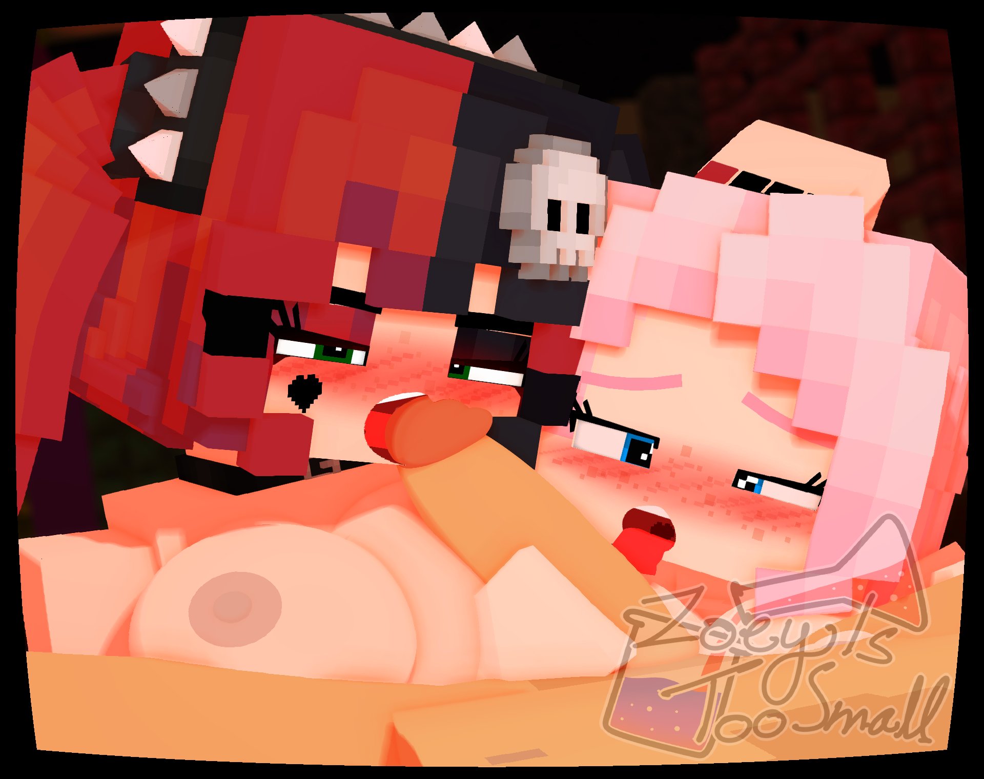 1boy, 2girls, 3d, big breasts, blue eyes, blush, breasts, ellie walls (odysseyellie), faceless male, female, freckles, goth, green eyes, licking, licking penis, looking at viewer, male, mine-imator, minecraft, nipples, nude, open mouth, penis, pink hair, skull hair ornament, spiked hairband, straight, tongue, tongue out, two-tone hair, zoey (zoeyistoosmall), zoey is too small