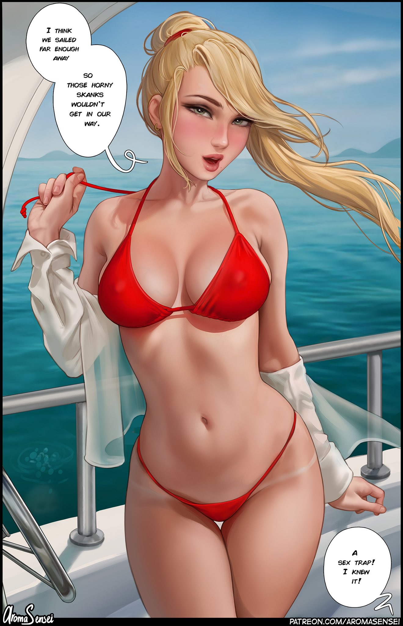 2girls, aroma sensei, beach, bikini, blonde hair, blue eyes, boat, breasts, erect nipples, female, female only, hi res, hips, huge breasts, long hair, metroid, nintendo, nipple bulge, nipples, outdoors, red bikini, samus aran, slim waist, thick thighs, thighs, water, wide hips