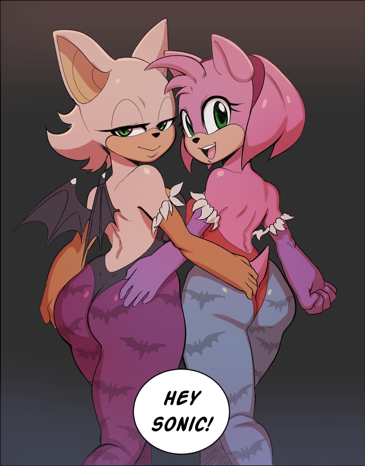 2girls, amy rose, anthro, bat, bat wings, chiropteran, clothing, cosplay, darkstalkers, eulipotyphlan, female, female only, gloves, hedgehog, leotard, lilith aensland (cosplay), looking back, looking behind, mammal, morrigan aensland (cosplay), multiple females, multiple girls, pantyhose, rouge the bat, sega, shortstack, shybred, sonic (series), sonic the hedgehog (series), tail, wings