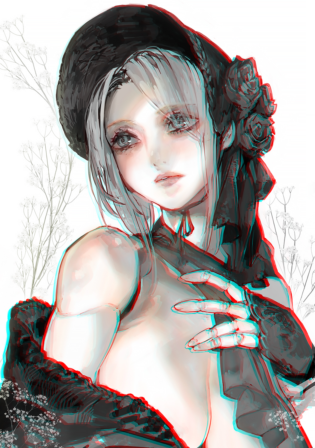 1girls aoin bare_shoulders bloodborne breasts breasts_out chromatic_aberration cleavage covered_nipples doll doll_joints female female_only fromsoftware hat lady_maria_of_the_astral_clocktower large_breasts light-skinned_female light_skin pale-skinned_female pale_skin plain_doll solo solo_female upper_body white_hair