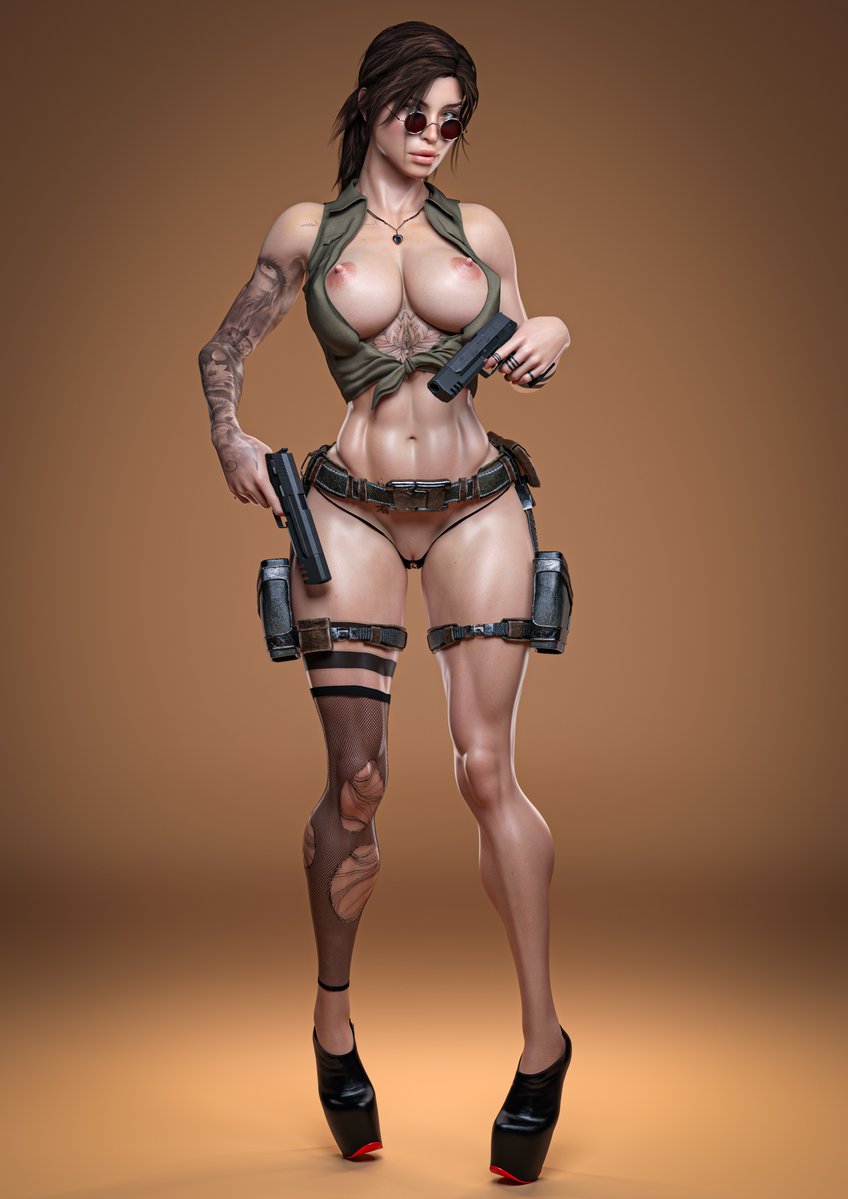 1girls, 3d, athletic, athletic female, auburn hair, barely visible genitalia, barely visible pussy, belt, big breasts, breasts, brown hair, busty, casual, cleavage, curvaceous, curves, curvy, eyelashes, eyeshadow, eyewear, female, female focus, female only, firearm, fit, fit female, footwear, gun, hair, handgun, high heels, hips, hourglass figure, human, lara croft, lara croft (survivor), large breasts, legs, legwear, light skin, light-skinned female, lips, long hair, low cut panties, neckwear, pale skin, panties, platform heels, pose, posing, pussy, pussy peek, solo, standing, string panties, tactical nudity, tan body, tan skin, tattoo, thejaderabbit, thick, thick legs, thick thighs, thighs, tomb raider, tomb raider (survivor), voluptuous, weapon, wide hips