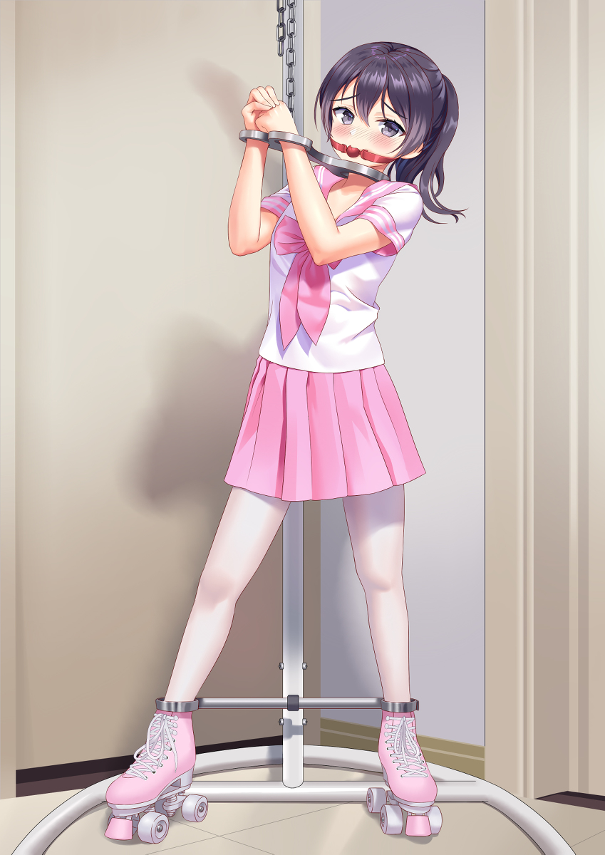 1girls, ankle cuffs, ball gag, black eyes, black hair, bondage, bound, breasts, chains, collar, female, female only, femsub, gag, gagged, handcuffs, looking at viewer, medium breasts, okazakileo, original, pillory, ponytail, roller skates, school uniform, skirt, spreader bar, standing, steel bondage, 汐蓝团