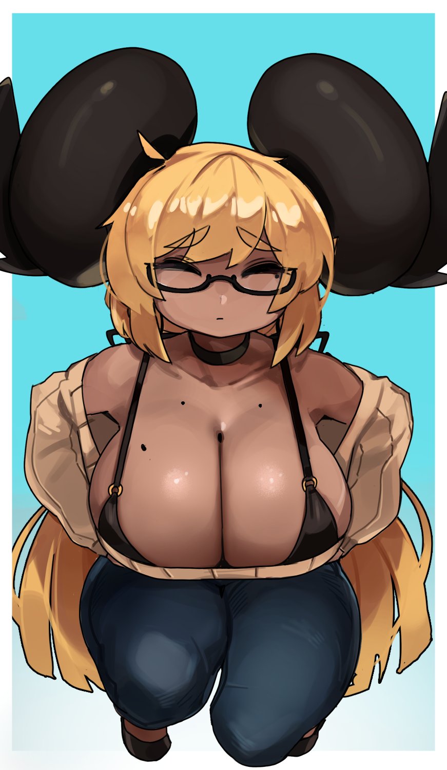 1girls, beauty mark, big horns, blonde, blonde female, blonde hair, breasts, brown skin, caoimhe (zanamaoria), choker, cleavage, closed eyes, clothed, clothed female, curved horns, dark skin, dark-skinned female, deep cleavage, demon, demon girl, demon horns, female, glasses, hi res, horns, huge breasts, jeans, kneeling, mature female, milf, mole, mole on breast, mother, oc, original, original character, shortstack, succubus, sweater, very long hair, zanamaoria