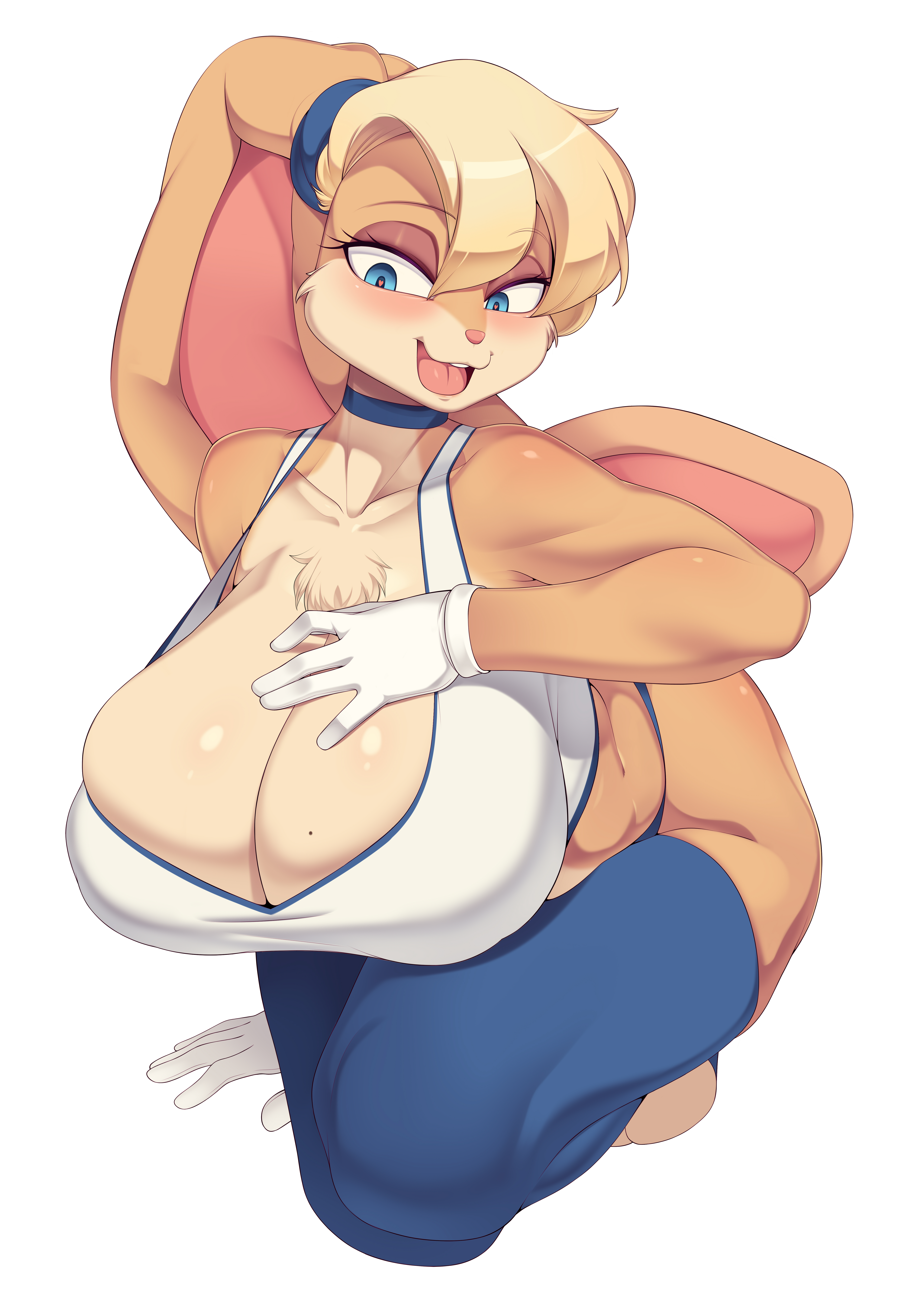 <3 eyes, 2022, absurd res, anthro, big breasts, blue eyes, blush, breasts, cervina7 (artist), chest tuft, cleavage, clothed, clothing, digital media (artwork), female, gloves, hair, hand on breast, handwear, heart, hi res, huge breasts, lagomorph, leporid, lola bunny, long ears, looney tunes, mammal, open mouth, rabbit, simple background, solo, tuft, warner brothers, white background