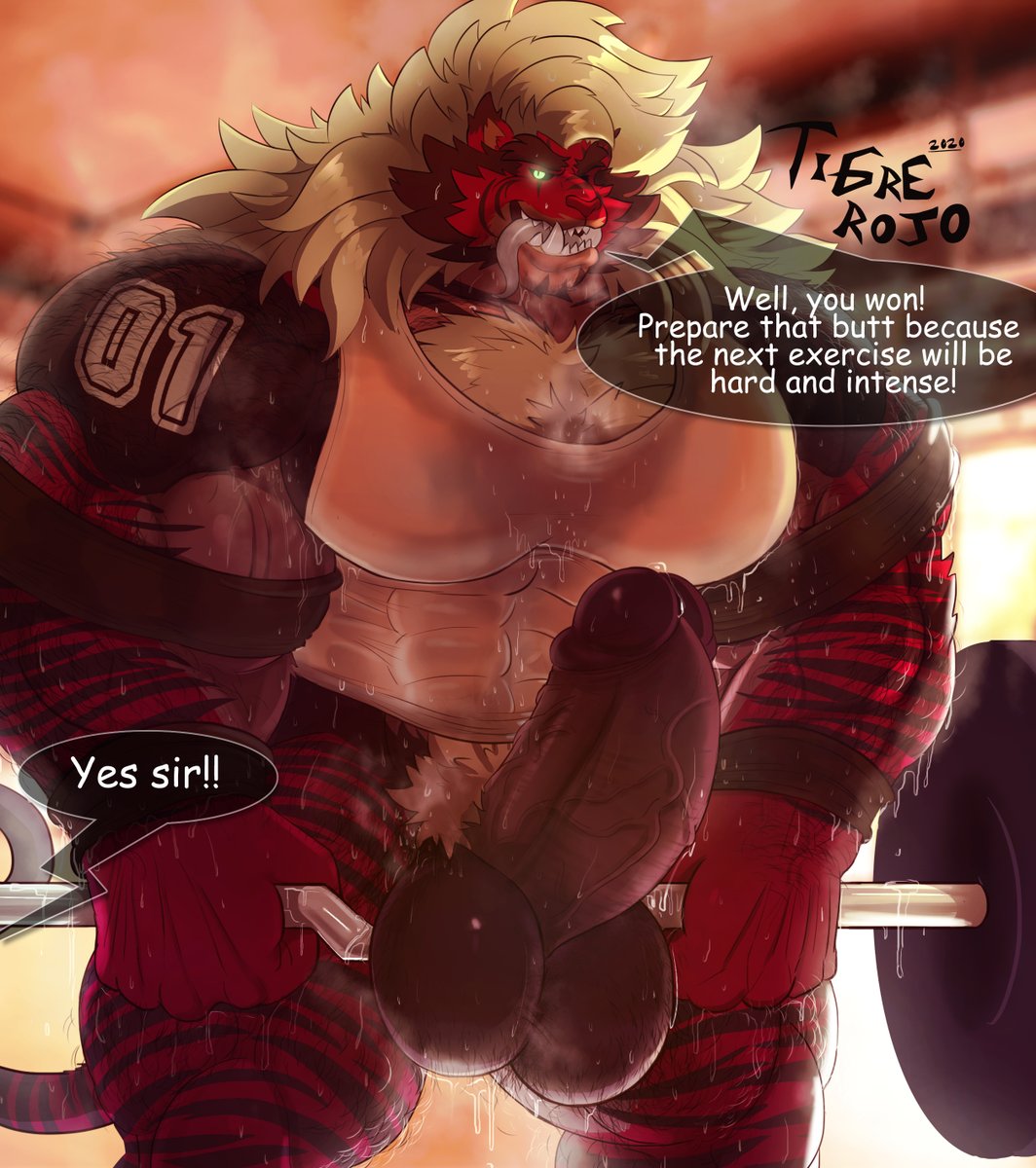 1397_david anthro balls bara barazoku big_balls big_penis black_body black_fur boner erection exercise furry gay hairy male male_only muscles muscular musk penis red_body red_fur solo solo_male speech_bubble sweat_stain sweaty tank_top tiger tigre_rojo weightlifting white_hair