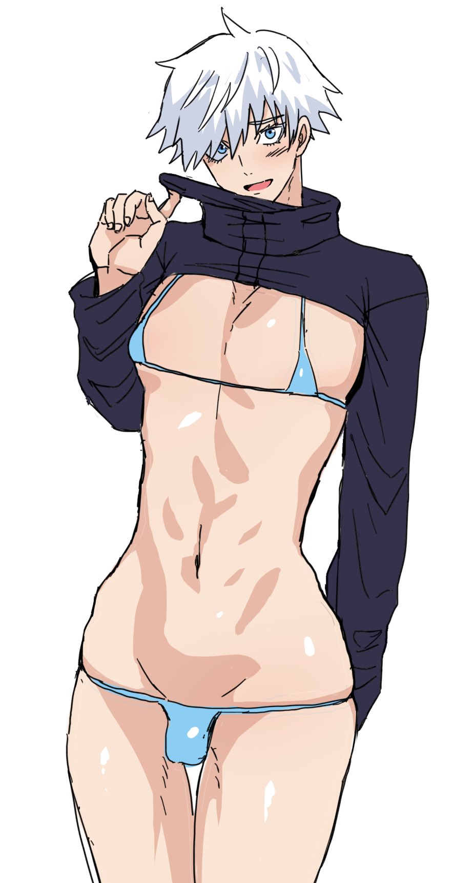 1boy, 1femboy, blindfold, blue bikini, blue bra, blue eyes, blush, crop top, crossdressing, femboy, feminine male, jujutsu kaisen, looking at viewer, male, male focus, male only, male penetrated, male penetrating, micro bikini, penis, satoru gojo, small bikini, small penis, thong, tiny penis, trap, twink, twunk, white hair