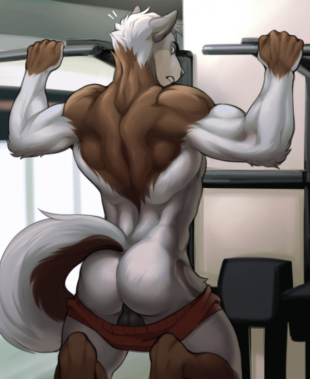 anthro ass assisted_exposure back_muscles backsack balls biceps bottomwear canid canine canis clothed clothing dioni5 exercise genitals hi_res looking_back male mammal muscular muscular_anthro muscular_male pantsing partially_clothed pullups rear_view shorts shorts_down solo surprise wardrobe_malfunction wolf workout