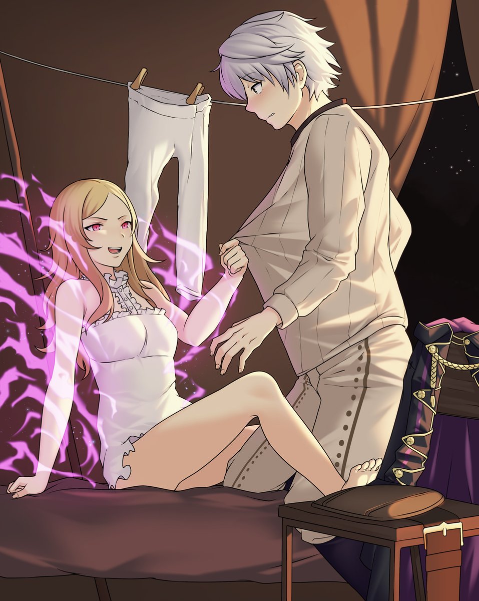 1boy 1girls alternate_hairstyle assertive assertive_female bbk_(13zk) corruption female fire_emblem fire_emblem_awakening grima_(fire_emblem) hair_down lingerie lissa_(fire_emblem) long_hair male nintendo possessed possession robin_(fire_emblem) robin_(fire_emblem)_(male) underwear