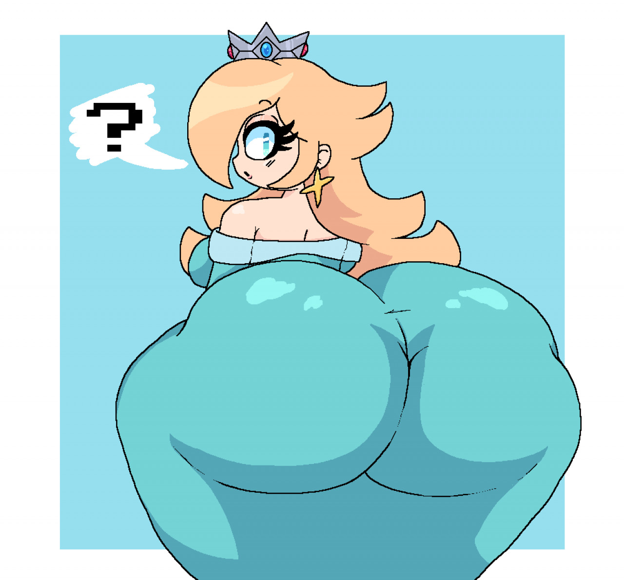 1girls, ass, ass in dress, big ass, big breasts, big butt, blue dress, breasts, crown, dress, earrings, female, female only, heyfawndue, huge ass, huge butt, hyper, hyper ass, hyper butt, long hair, looking at viewer, looking back, looking back at viewer, mario (series), nintendo, princess rosalina, question mark, speech bubble, tagme