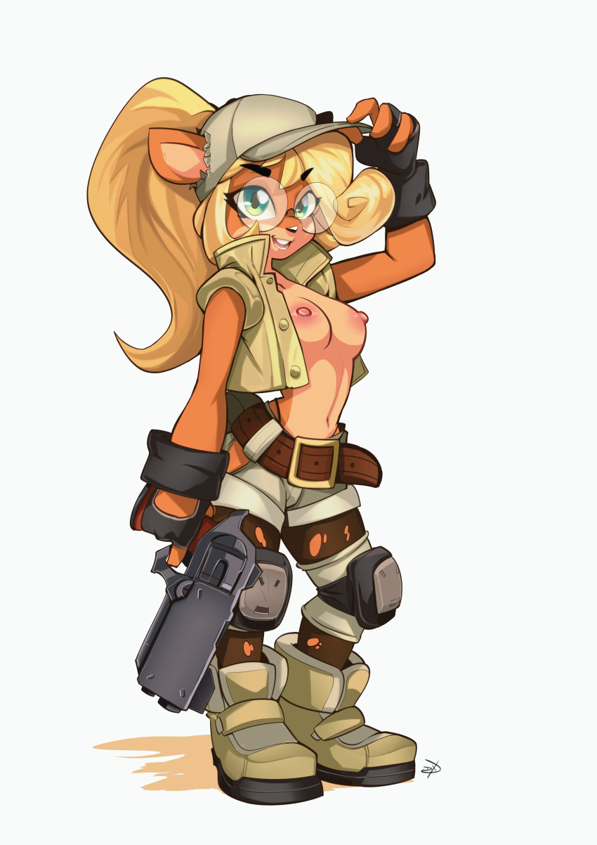 1girls, areolae, armwear, blonde hair, bottomwear, breasts, casual, clothing, coco bandicoot, cosplay, crash (series), crash bandicoot (series), crossover cosplay, delux, exposed breasts, eyewear, female, female only, fio germi, fio germi (cosplay), firearm, footwear, furry, glasses, green eyes, gun, handgun, handwear, headwear, legwear, looking at viewer, metal slug, nipples, outerwear, revolver, round glasses, small breasts, smiling at viewer, solo, weapon