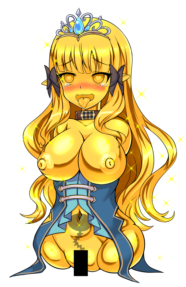 1girls 2d amputee censor_bar censored crown elf_girl gold gold_body heart-shaped_pupils large_breasts nipples pointy_ears princess_connect! princess_connect!_re:dive saren saren_(princess_connect!) solo womb