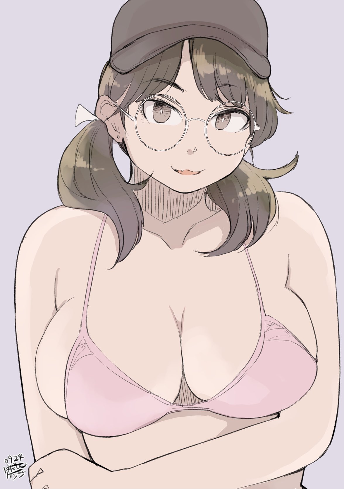 1girls 2022 artist_signature bra brown_hair cleavage cute_fang deep_cleavage female female_only glasses hadashi_no_kenji hat japanese_text large_breasts light-skinned_female light-skinned_male light_skin original original_character pigtails round_glasses sideboob solo solo_female twintails