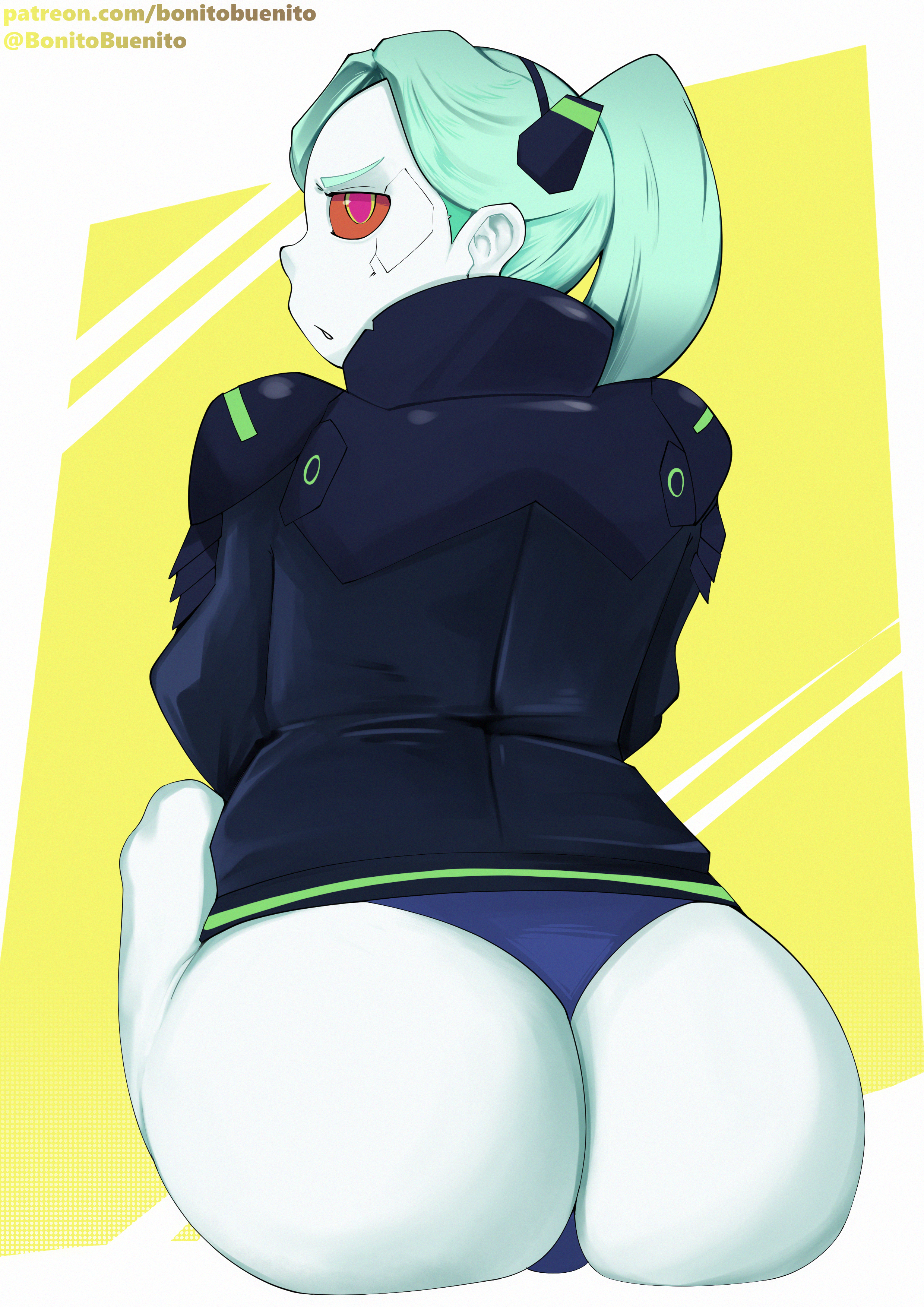 1girls, ass, big ass, big butt, body markings, bonitobuenito, clothing, cybernetics, cyberpunk 2077, cyberpunk: edgerunners, cyborg, eye contact, female, female only, green eyes, huge ass, huge butt, human, jacket, looking at viewer, looking back, outerwear, pale skin, panties, rebecca (edgerunners), red pupils, red sclera, sitting, solo, thick thighs, twintails