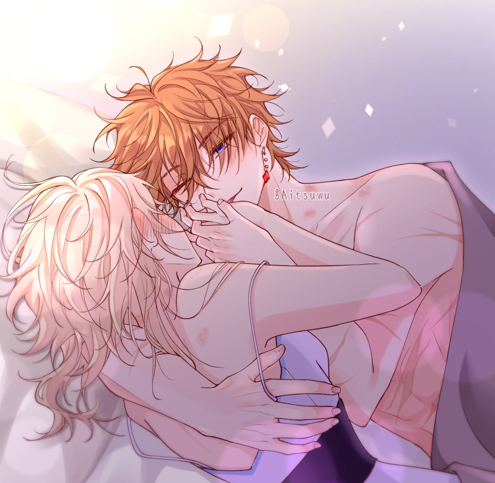 1boy 1boy1girl 1girls aitsuwu blonde_hair blush childe_(genshin_impact) female genshin_impact ginger hickey hickey_marks in_bed kiss_mark kissing_hand lumine_(genshin_impact) male male/female morning morning_after one_eye_closed romantic scars sensual shirtless sleepy straight sunlight tartaglia_(genshin_impact) wholesome