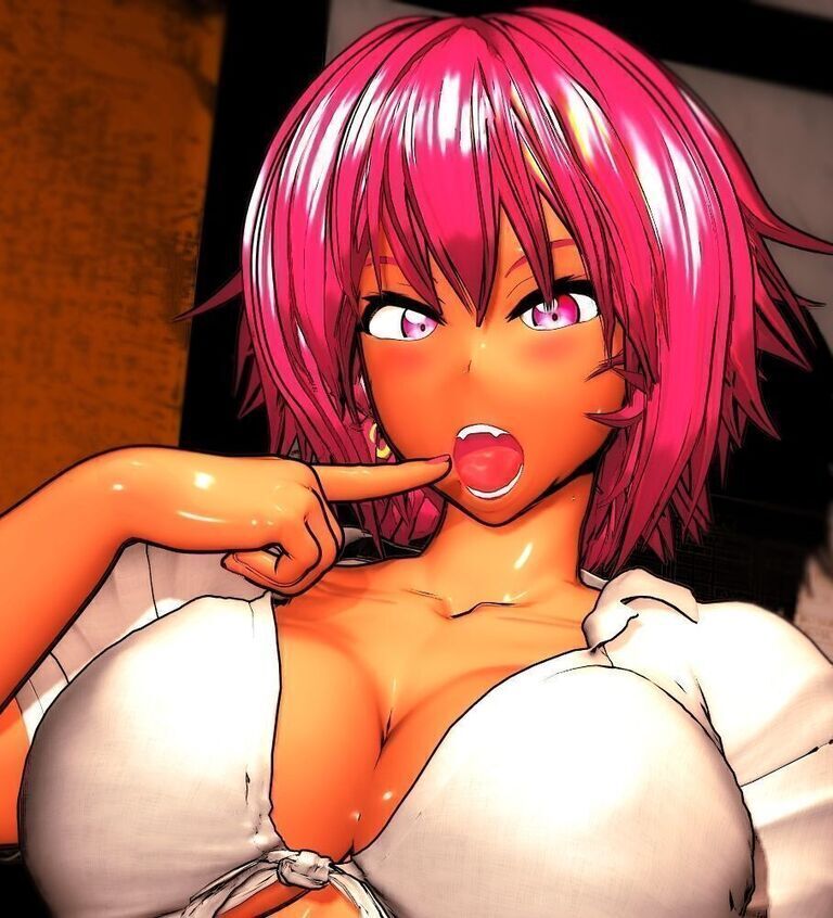 1girls 3d blush breasts cleavage dark-skinned_female gyaru large_breasts leaning looking_at_viewer magenta_eyes magenta_hair mipoz nail_polish open_mouth original original_character pink_eyes pink_hair pink_nails pointing_at_mouth school_uniform seductive short_hair suggestive suggestive_gesture tan_skin tied_shirt tongue