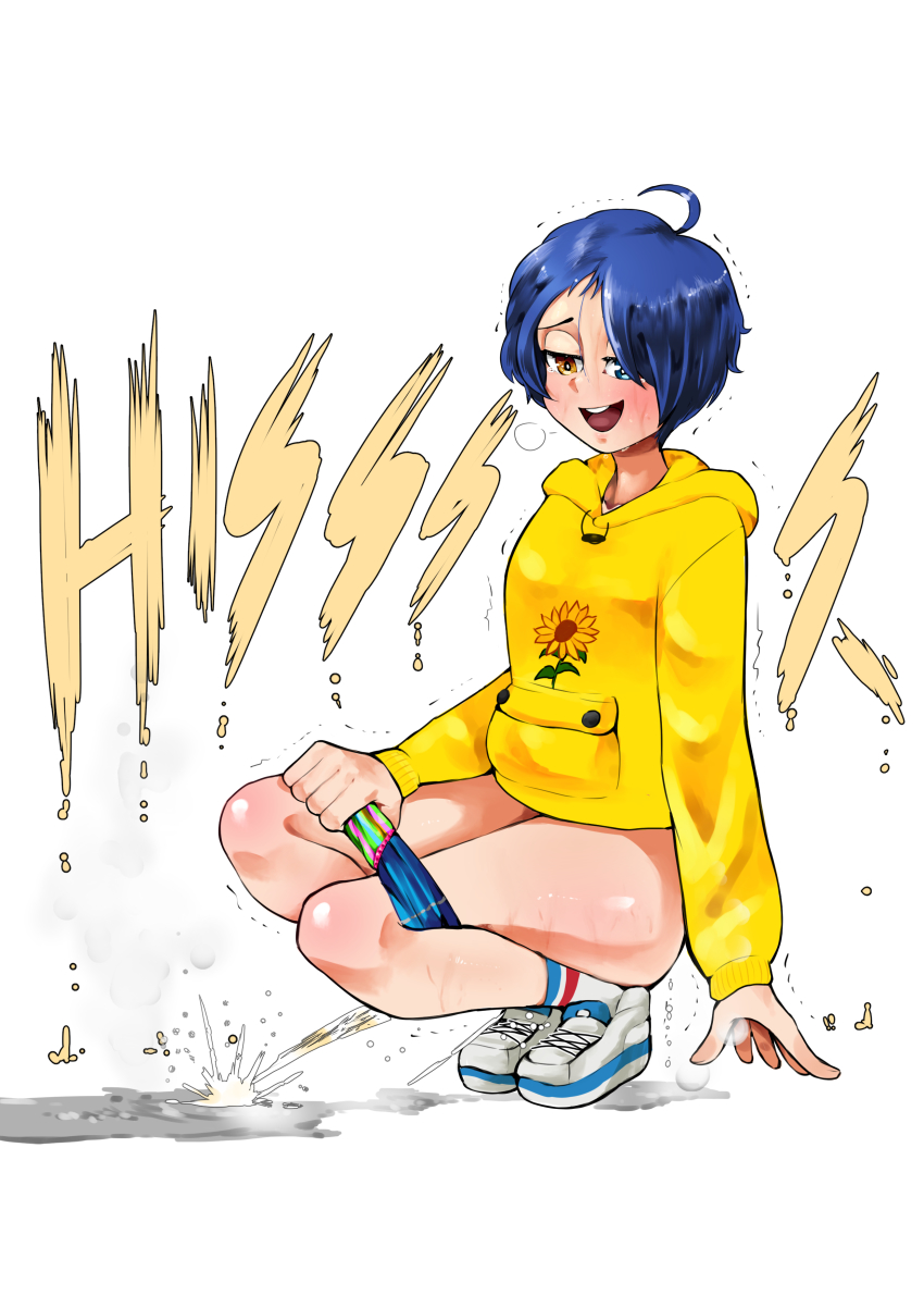 1girls biku blue_hair female female_only human ooto_ai peeing puddle solo urine urine_pool urine_stream wonder_egg_priority