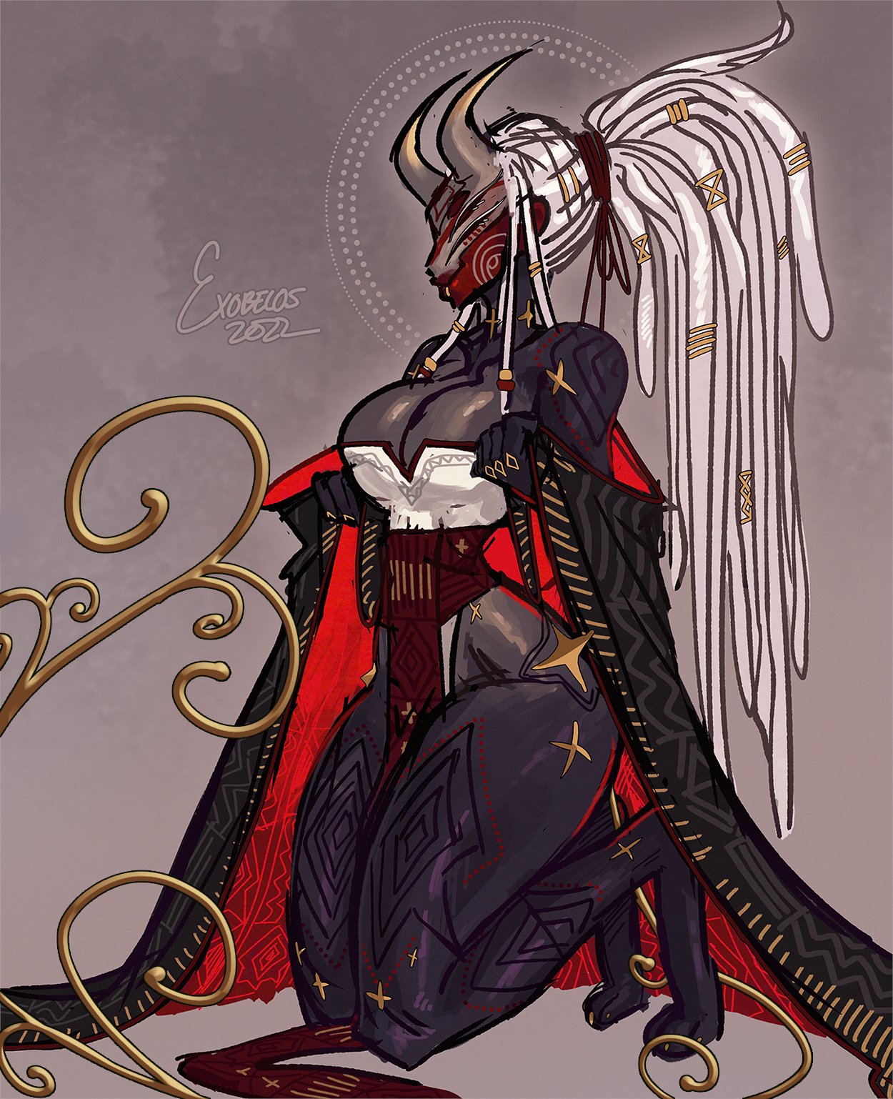 1girls, 2022, 4 eyes, boob window, braid, braided hair, braided ponytail, breasts, bungie, child bearing hips, cleavage, cloak, clothed, clothed female, cross, curvaceous, curved horn, curved horns, curves, curvy, curvy body, curvy female, curvy figure, curvy hips, dark skin, dark-skinned female, demon, demon girl, demoness, destiny (game), exobelos, female, female focus, female only, gold, gold (metal), gold jewelry, gold tail, grey skin, guardian (destiny), hair, hair bun, hair ornament, hairband, happy, happy female, heart, hips, holding clothing, hood, hooded cloak, horn, horns, hourglass figure, hunter (destiny), large breasts, loincloth, long fingernails, long hair, looking at viewer, looking down, mask, masked, masked female, multi eye, multicolored skin, nun, on knees, original, red clothing, red skin, robe, sharp fingernails, sharp horn, siishi (exobelos), simple background, skimpy, skimpy clothes, skindentation, slim, slim waist, smile, smiling, smiling at viewer, solo, solo female, solo focus, spikes, spikes (anatomy), succubus, succubus horns, tail, tattoo, tattoos, teeth, teeth showing, thick thighs, thigh gap, thighs, thong, thong panties, tight, tight clothes, tight clothing, toned, toned female, tongue, white clothing, white hair, wide hips