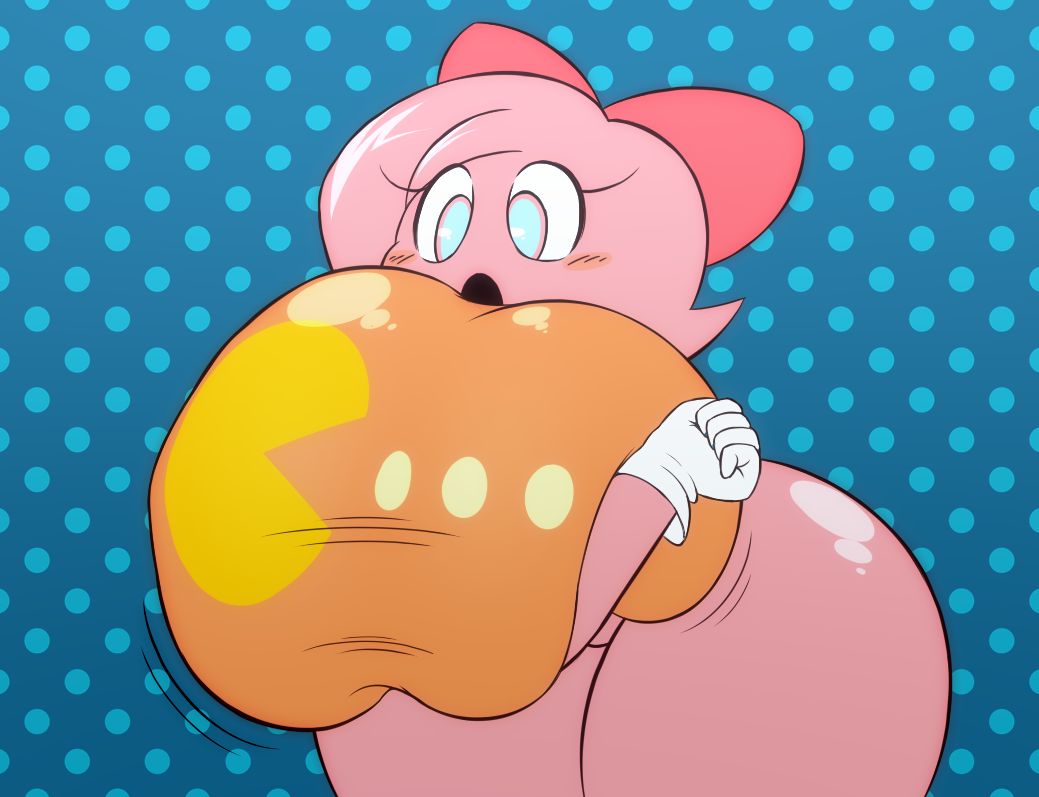 anthro arms_around_breasts ass ass big_ass big_breasts big_butt big_thighs blush breasts female female_only gloves huge_ass huge_breasts huge_butt huge_thighs k--10 namco orange_shirt pac-man_(series) pink_skin pinky_(pac-man) red_bow solo thick_thighs thighs white_gloves