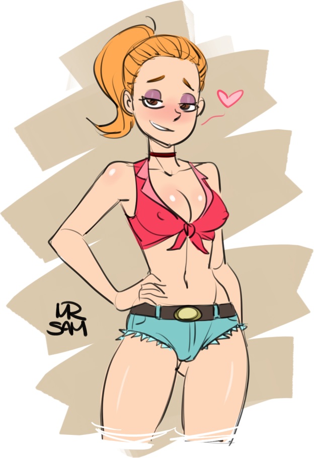 bulging nipples, cameltoe, clothed, clothed female, eyeshadow, female, female only, hand on own hip, jean shorts, light skin, light-skinned female, looking at viewer, nipple bulge, orange hair, pale skin, pale-skinned female, ponytail, pussy, rick and morty, samson 00, shiny skin, short jeans, smug, smug face, smug smile, summer smith