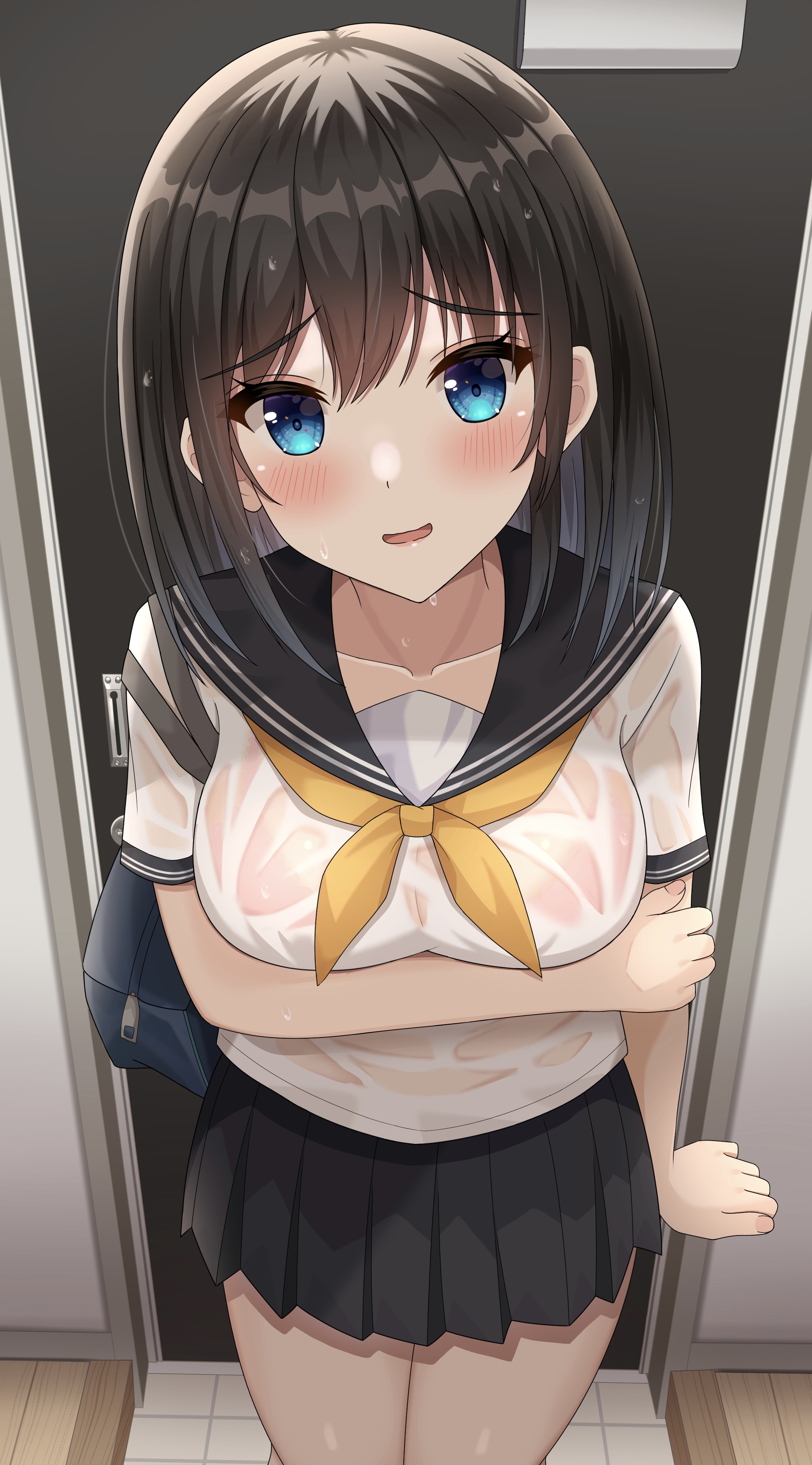 absurdres, arm under breasts, bag, bangs, black hair, black sailor collar, black skirt, blue bag, blue eyes, blush, borrowed character, breasts, collarbone, female, hair between eyes, highres, hisui (user zvkr2432), indoors, looking at viewer, medium breasts, neckerchief, open mouth, original, pleated skirt, sailor collar, school bag, school uniform, see-through, serafuku, shirt, skirt, solo, tsubasa (kureha), wet, wet clothes, wet hair, wet shirt, white shirt, yellow neckerchief
