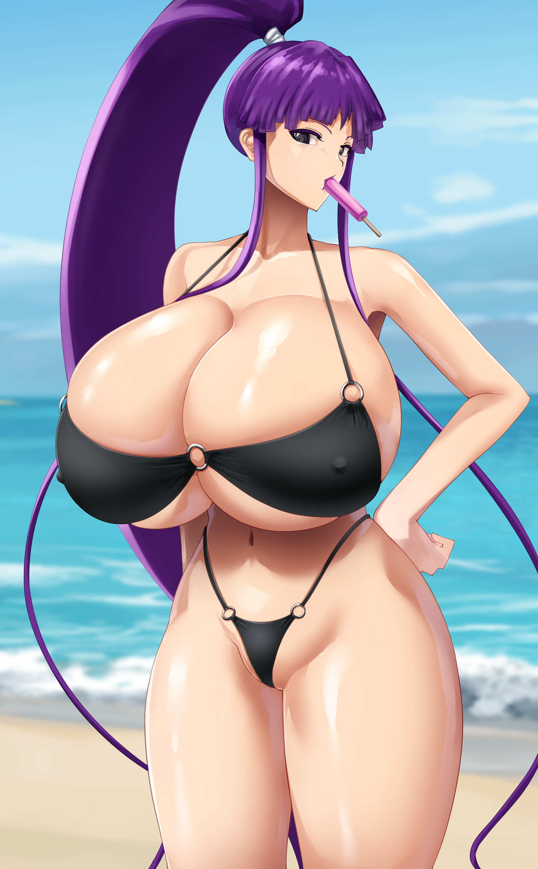 1girls, beach, bikini, black bikini, breasts, commission, commission art, eiken, female, food, hi res, hips, hyper breasts, kirika misono, large breasts, light skin, light-skinned female, long hair, looking at viewer, massive breasts, o-ring bikini, object in mouth, outdoors, ponytail, popsicle, purple hair, sirosoil, skeb commission, tagme, thick thighs, thighs, wide hips
