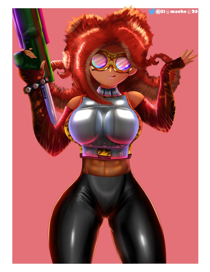 ass_visible_through_thighs breasts el_macho_20 fuzzy_(splatoon) fuzzy_octoling midriff octoling octoling_girl octoling_rival pink-tinted_eyewear purple-tinted_eyewear splatoon thick_thighs thighs tinted_eyewear