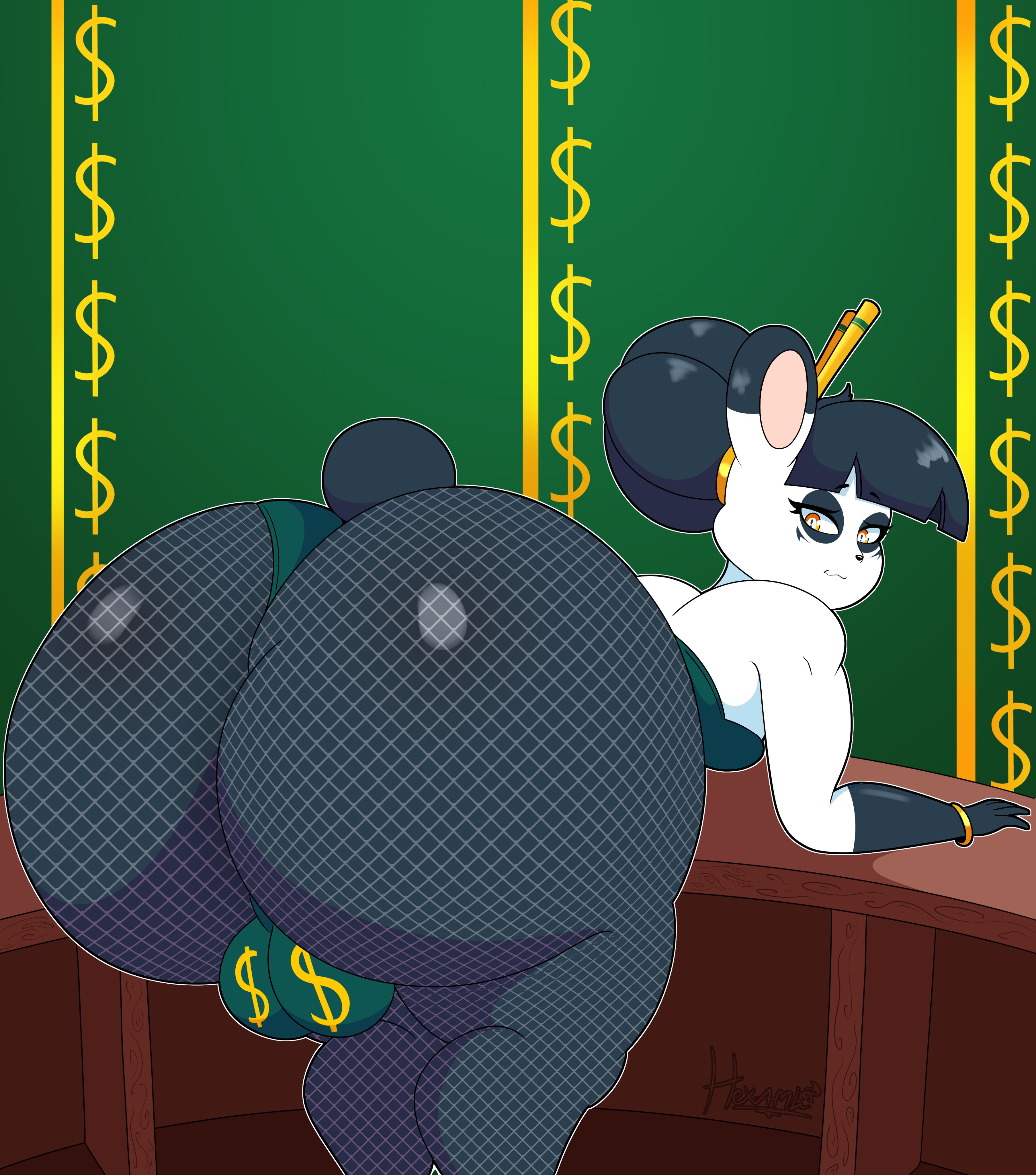 1boy, anthro, ass, bear, bent over, big ass, bracelet, bubble ass, bubble butt, clothing, fat ass, femboy, hexami, huge ass, large ass, looking at viewer, looking back, male, male only, original, original character, panda, solo, thick thighs, ursid, wide hips