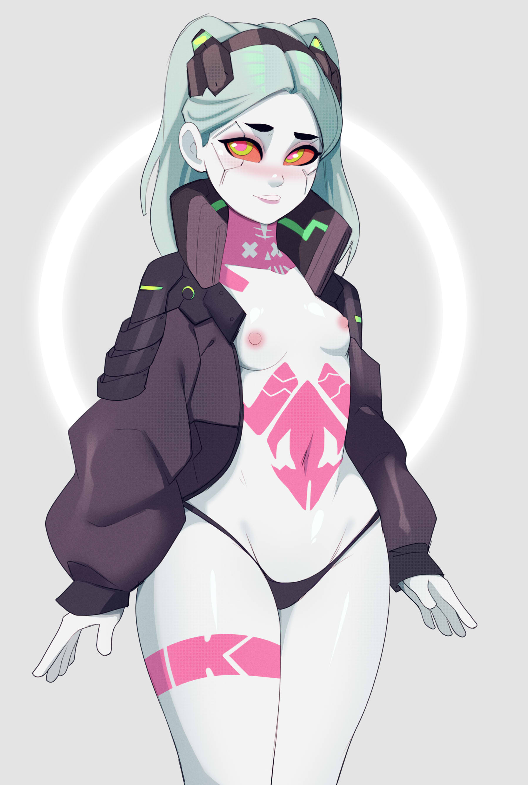 1girls, areolae, body markings, bottom heavy, breasts, casual, child bearing hips, clothing, cybernetics, cyberpunk 2077, cyberpunk: edgerunners, cyborg, eye contact, female, female only, flat chest, flat chested, green eyes, human, looking at viewer, nipples, outerwear, pale skin, pear shaped, pear shaped female, pear-shaped figure, postblue98, rebecca (edgerunners), red sclera, small breasts, solo, standing, thick thighs, thighs, thong, thunder thighs, topless, twintails, wide hips
