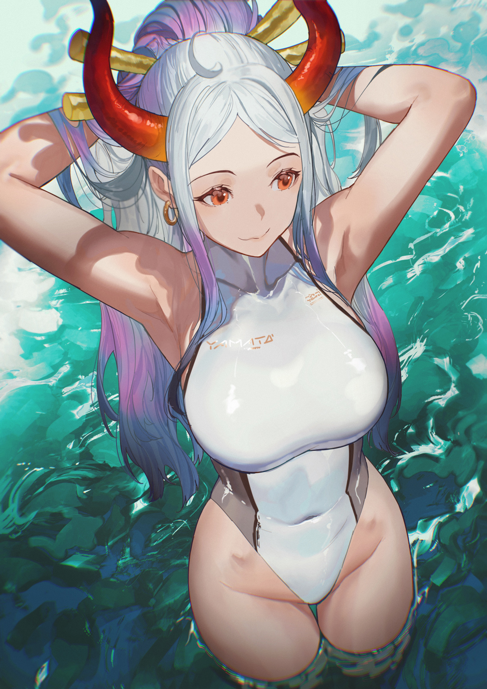 1girls, armpits, arms up, belly, belly button, big breasts, breasts, earrings, female, female only, gradient hair, hair up, horns, one piece, one piece swimsuit, red eyes, salmon88, swimsuit, swimwear, thighs, tummy, two-tone hair, water, white hair, white-haired female, yamato (one piece)