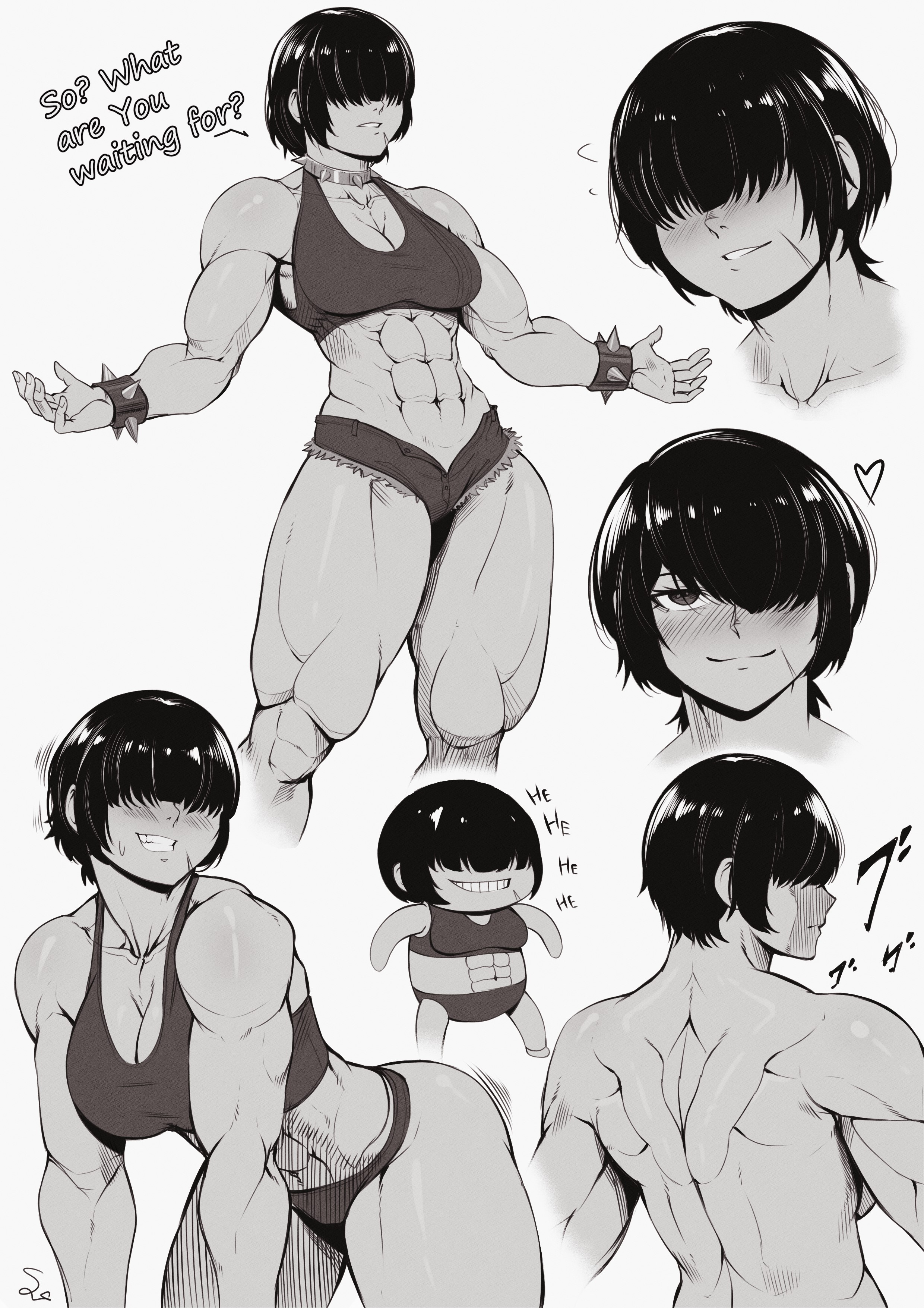 1girls, abdominal bulge, abs, absurd res, artist signature, ass, back, back muscles, back view, big ass, big breasts, big hips, big thighs, blush, blushing, breasts, cleavage, clothing, dialogue, english text, eyes covered, female, female focus, female only, forearm muscles, greyscale, hair between eyes, hair over one eye, heart, hi res, hourglass figure, huge ass, huge breasts, huge butt, huge hips, huge thighs, large ass, large breasts, large butt, larger female, monochrome, multiple views, muscles, muscular, muscular arms, muscular back, muscular female, muscular legs, one eye covered, original, original character, scar, serratus anterior, short hair, simple background, smile, speedl00ver, spiked bracelet, spikes, sports bra, taller female, text, tomboy, wide hips
