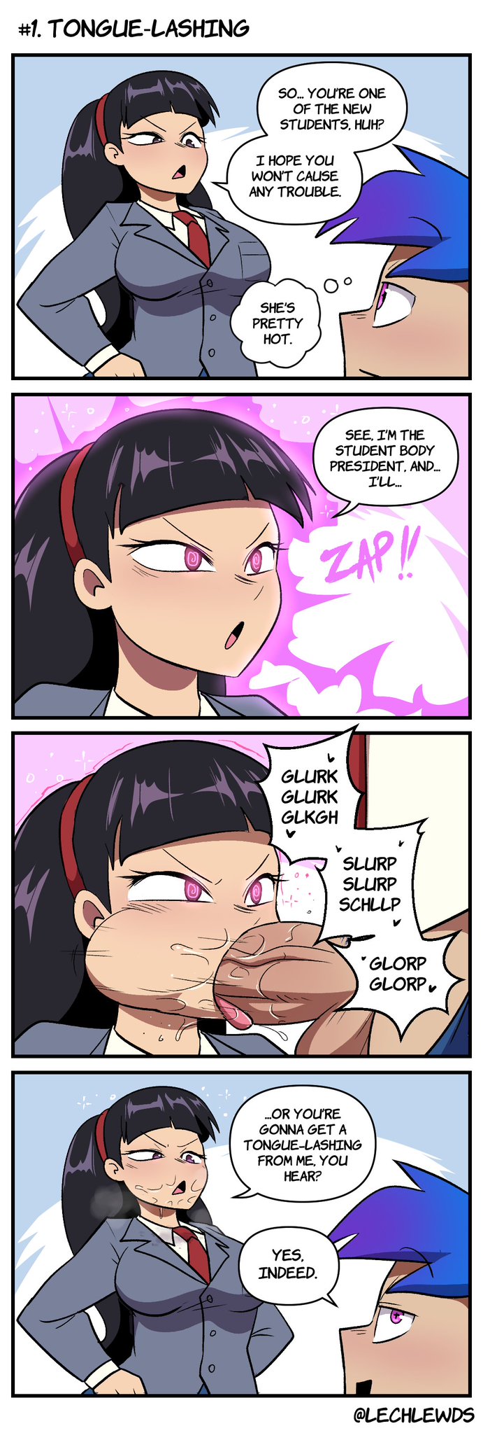 1boy 1girls 4koma altered_common_sense big_breasts black_hair blowjob blowjob_face blunt_bangs breasts busty clothed clothed_sex collared_shirt comic common_sense_change curvaceous curvy curvy_body curvy_female curvy_figure dialogue english_text eyelashes fellatio female female_focus glowing_eyes hairband heavy_breathing hypnosis hypnotic_eyes large_breasts lech_(lech_lewds) lech_lewds long_hair mind_control necktie open_mouth oral original original_character page_1 penis pink_eyes rachel_wang rape red_hairband saliva saliva_on_penis saliva_on_tongue school_uniform schoolgirl schoolgirl_uniform serious spiral_eyes stained_clothes student sucking sucking_penis text time_stop tongue_out unaware v-shaped_eyebrows vein voluptuous younger_male